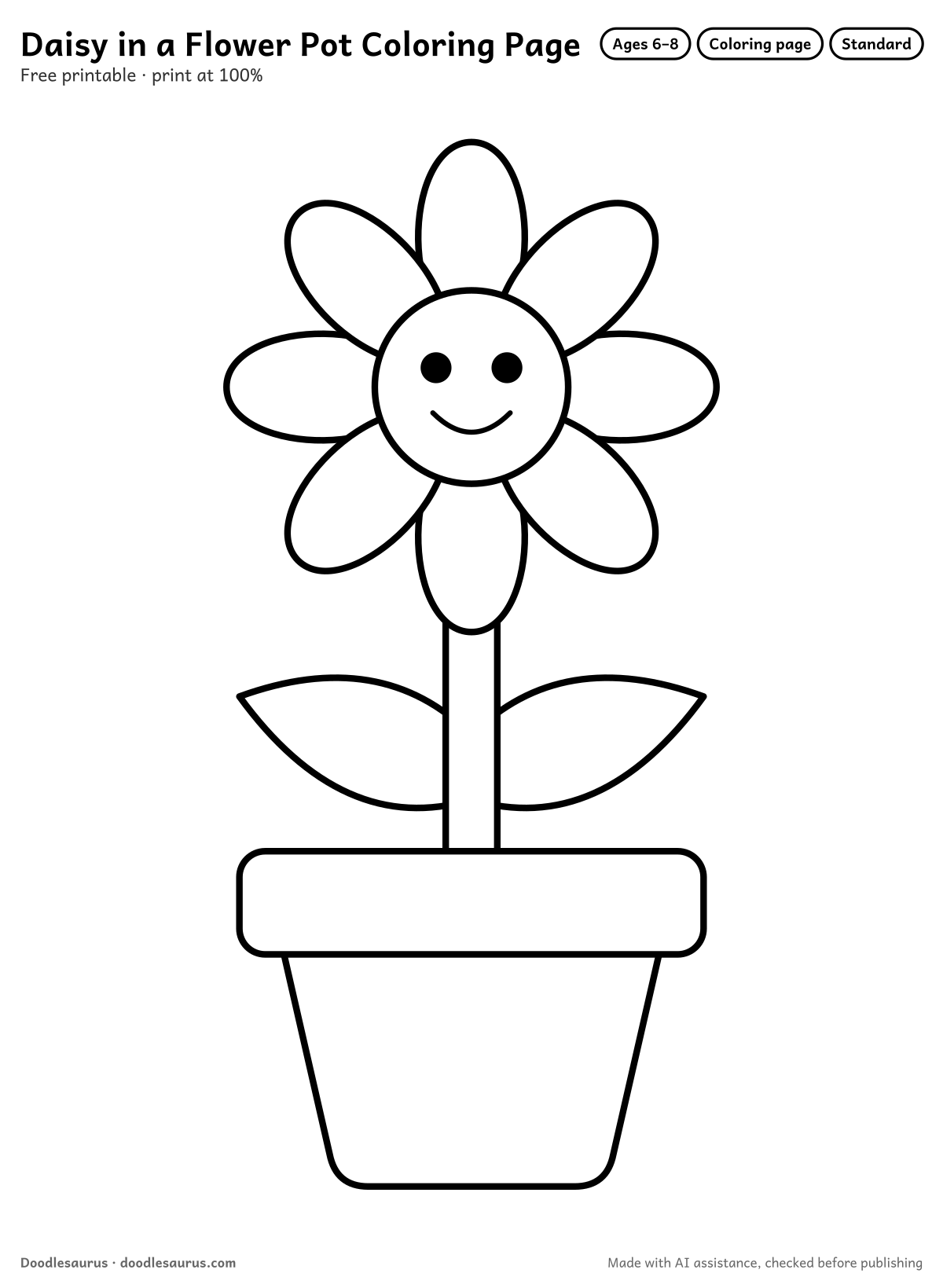 Daisy in a flower pot coloring page: a flower drawn in clean black outlines on white. Parts to color: petals, flower pot, leaves and rim of the pot.