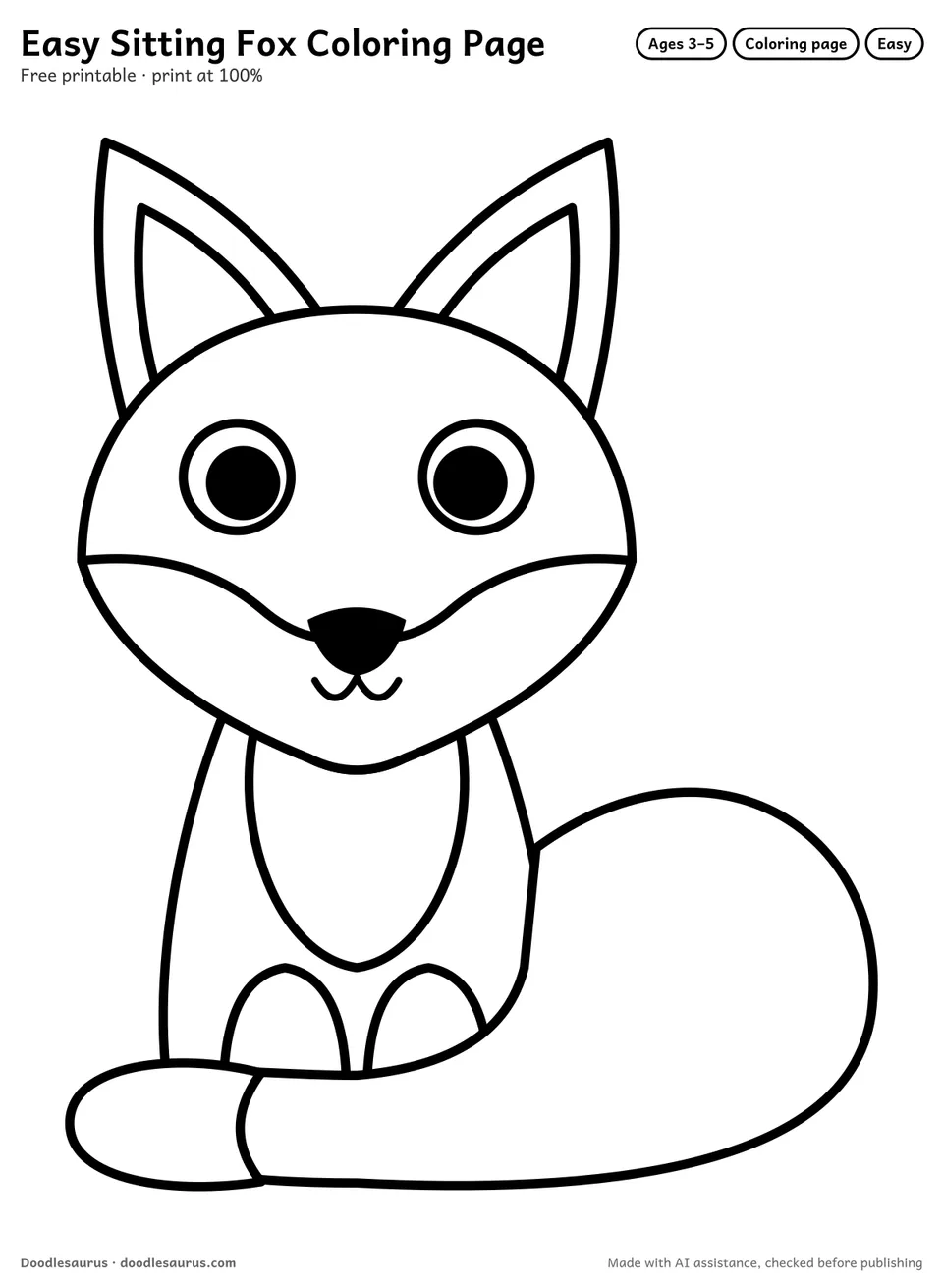 Sitting fox coloring page: a fox drawn in thick, bold black outlines on white. Parts to color: bushy tail, head, body and ears.