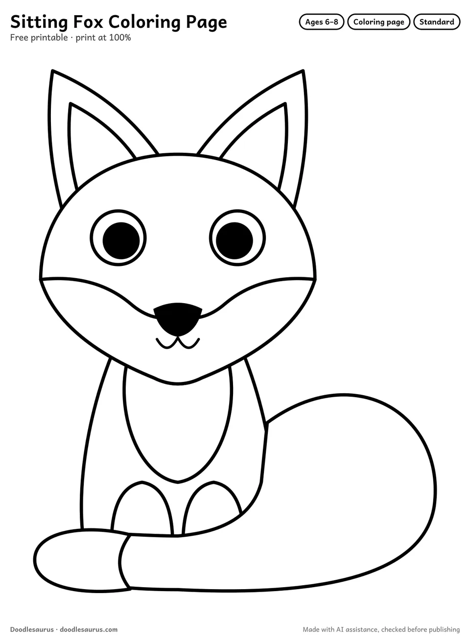 Sitting fox coloring page: a fox drawn in clean black outlines on white. Parts to color: bushy tail, head, body, ears, white cheeks, muzzle and insides of ear.