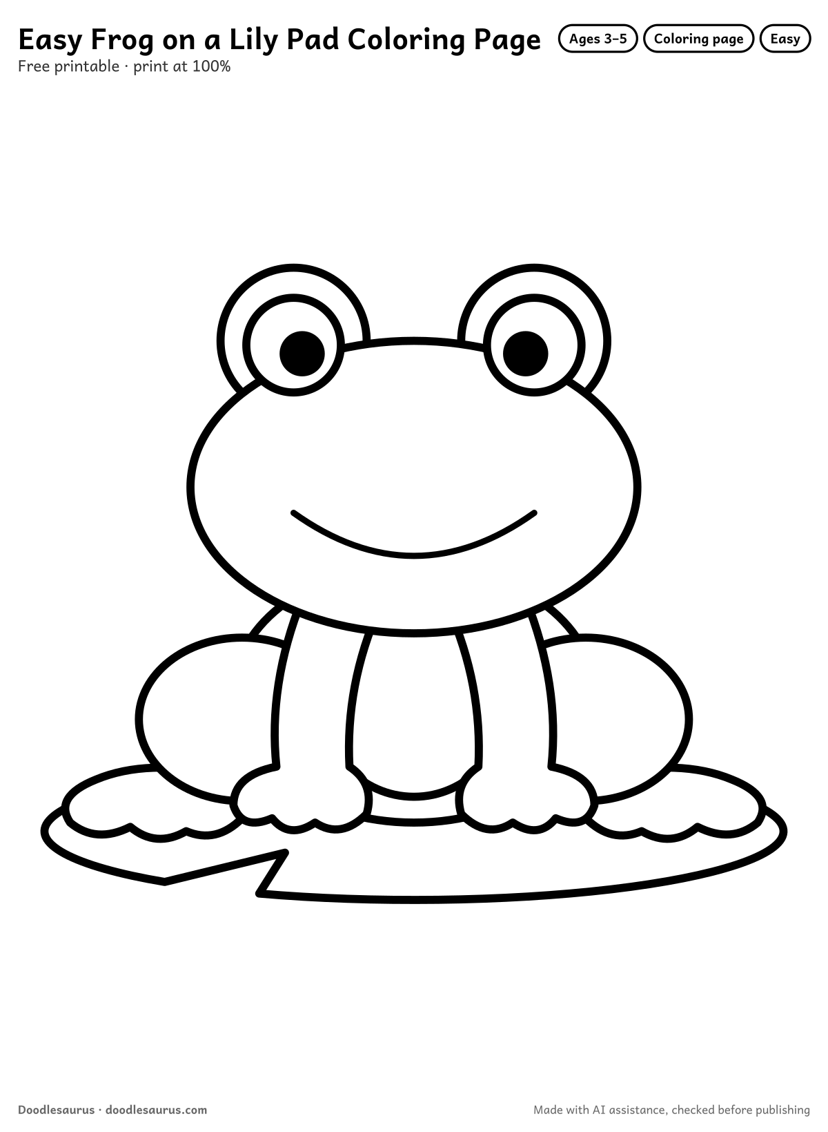 Frog on a lily pad coloring page: a frog drawn in thick, bold black outlines on white. Parts to color: legs, head, lily pad, body, eye bumps and belly.
