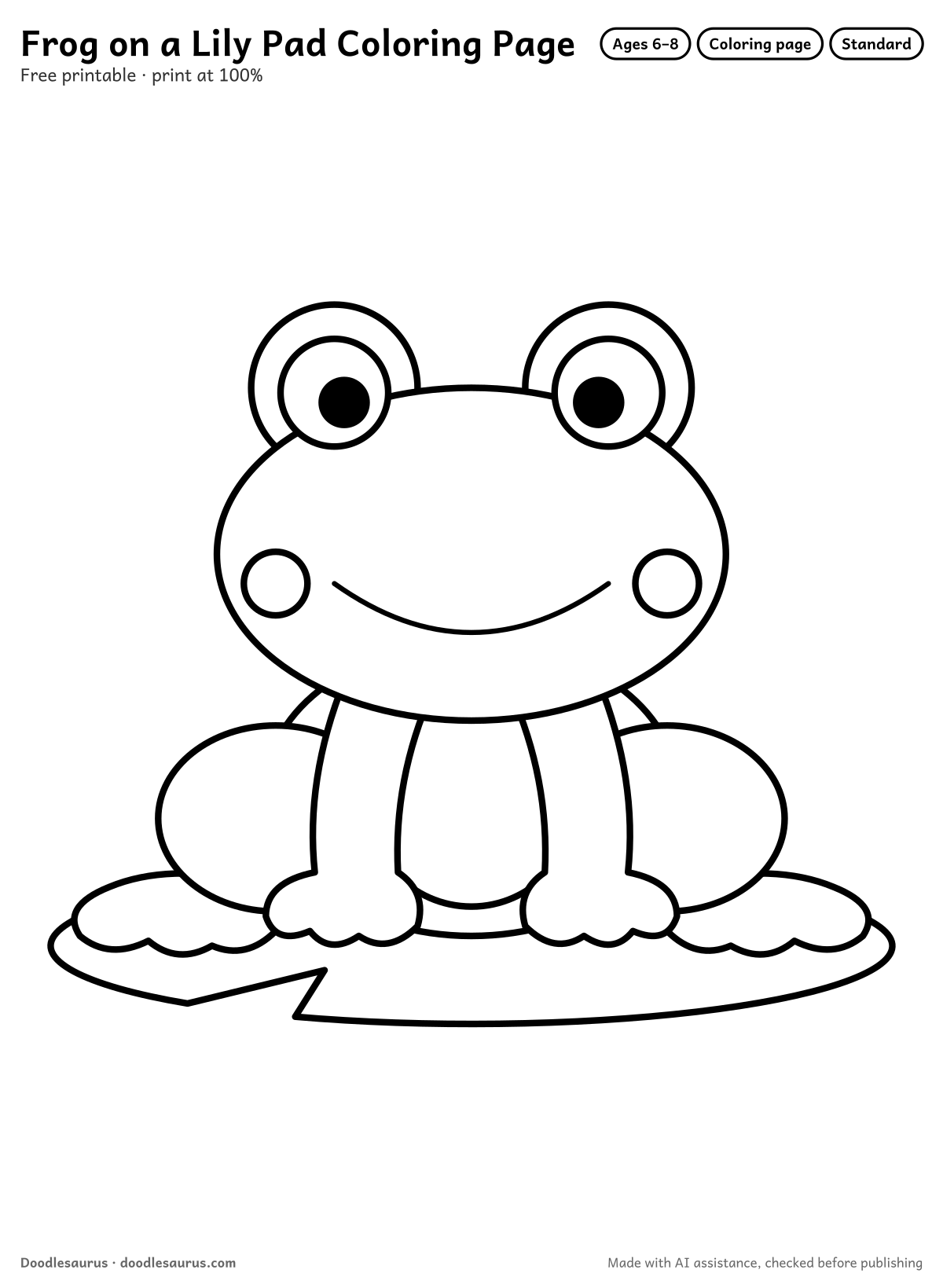 Frog on a lily pad coloring page: a frog drawn in clean black outlines on white. Parts to color: legs, head, lily pad, body, eye bumps and belly.