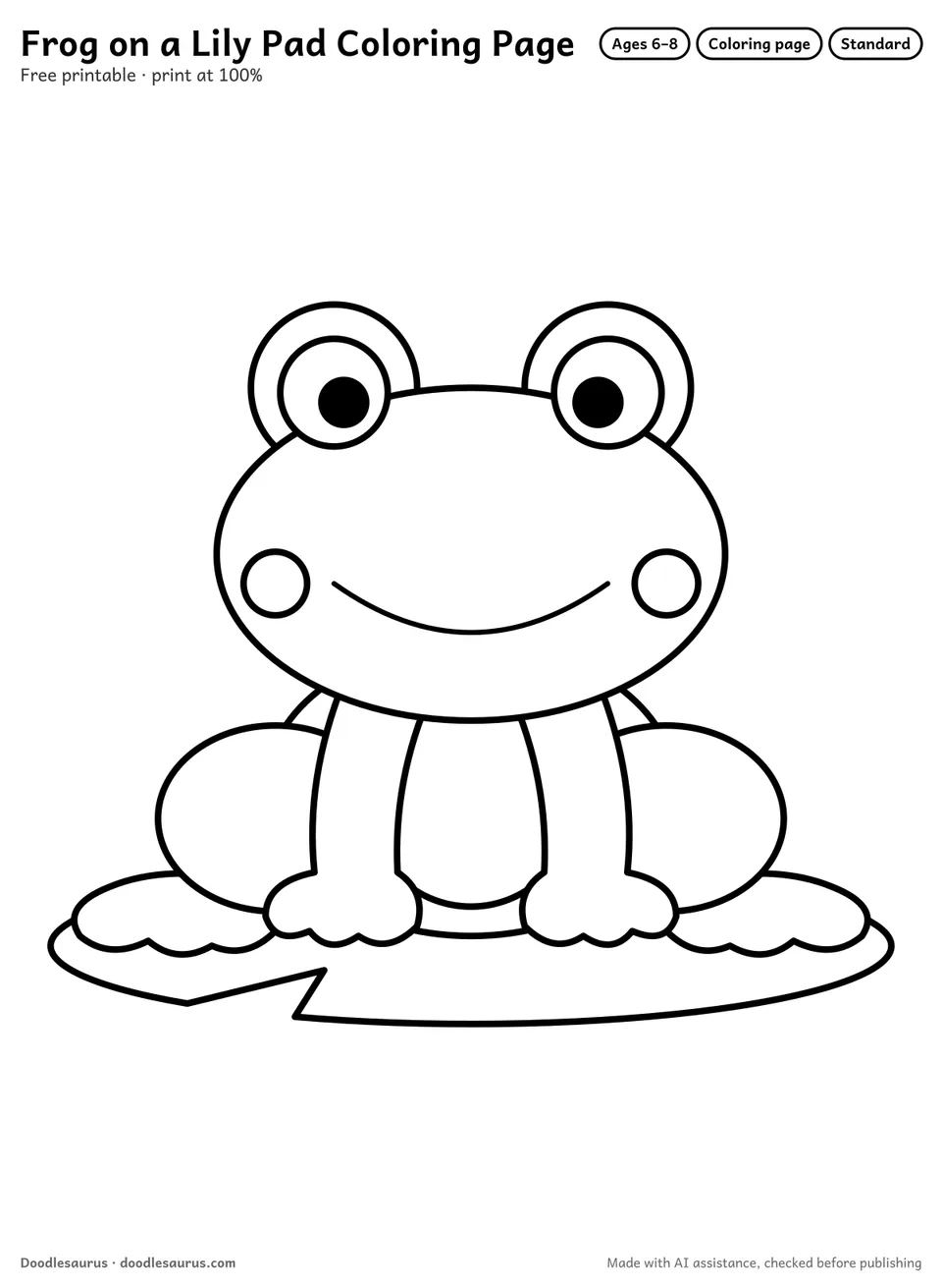 Frog on a lily pad coloring page: a frog drawn in clean black outlines on white. Parts to color: legs, head, lily pad, body, eye bumps and belly.