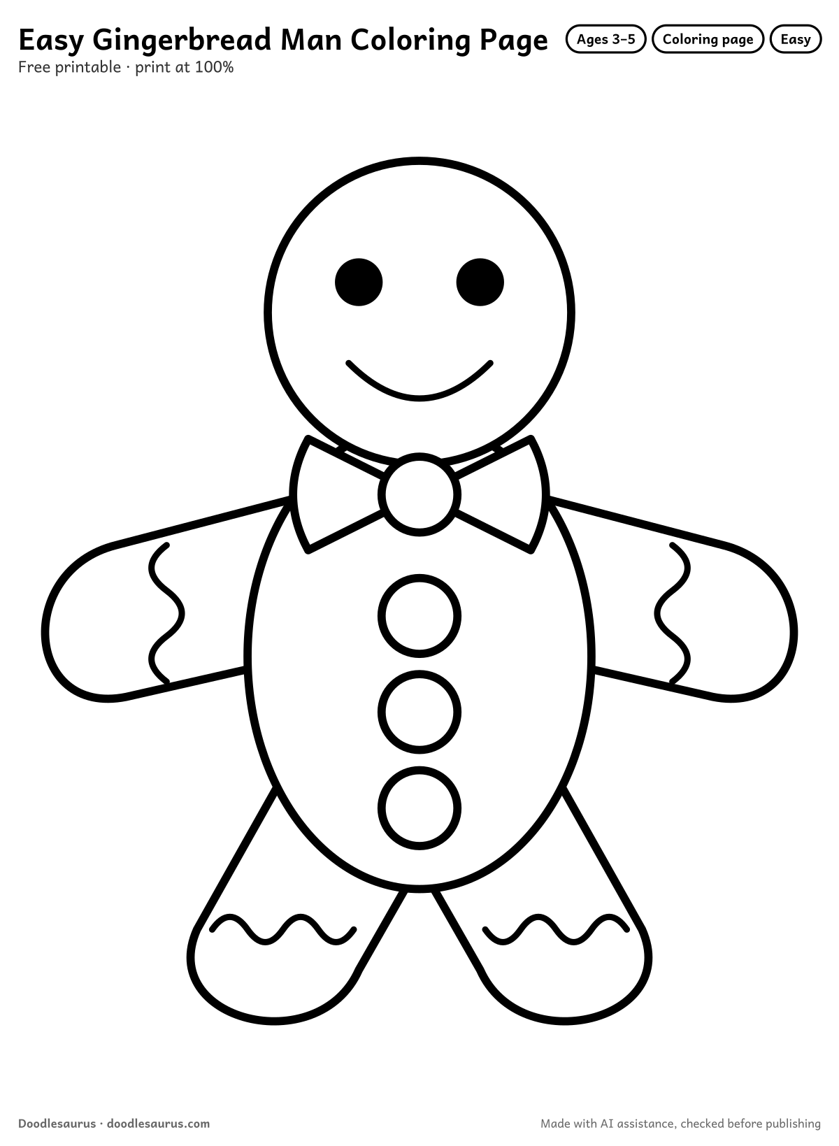 Gingerbread man coloring page: a gingerbread man drawn in thick, bold black outlines on white. Parts to color: body, arms, legs and head.