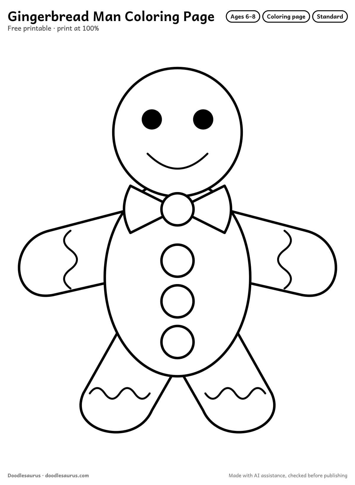 Gingerbread man coloring page: a gingerbread man drawn in clean black outlines on white. Parts to color: body, arms, legs, head, sides of bow tie and buttons.