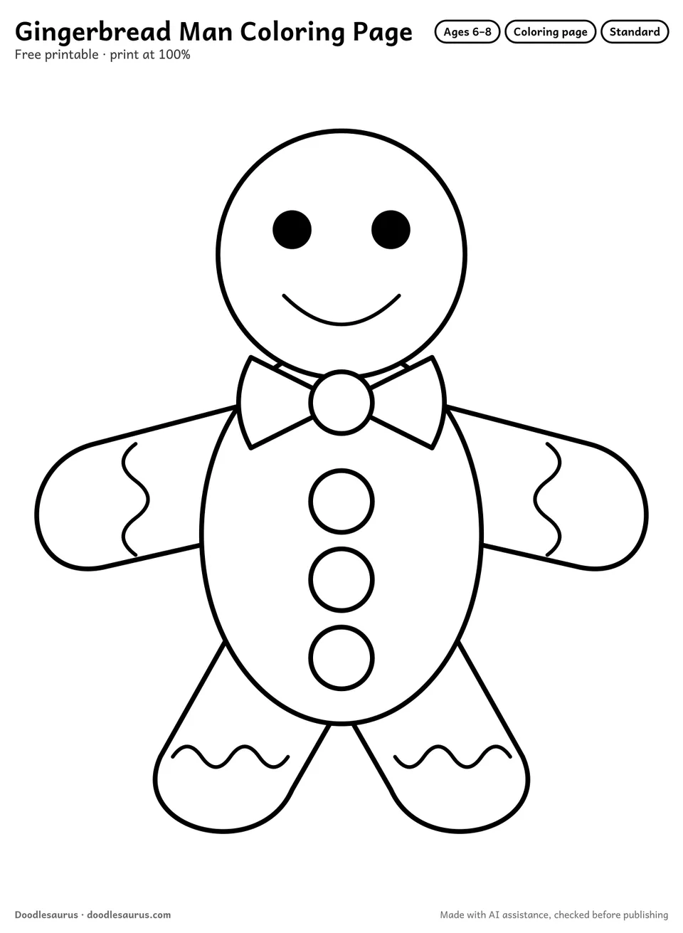 Gingerbread man coloring page: a gingerbread man drawn in clean black outlines on white. Parts to color: body, arms, legs, head, sides of bow tie and buttons.