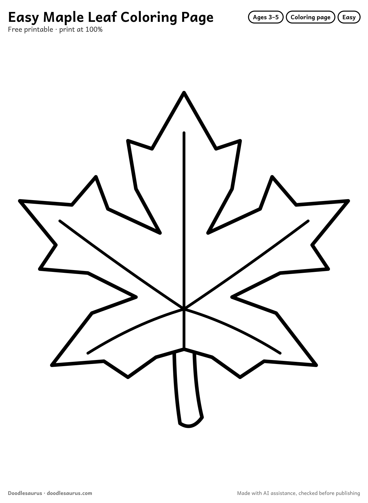 Maple leaf coloring page: a leaf drawn in thick, bold black outlines on white. Parts to color: stem.