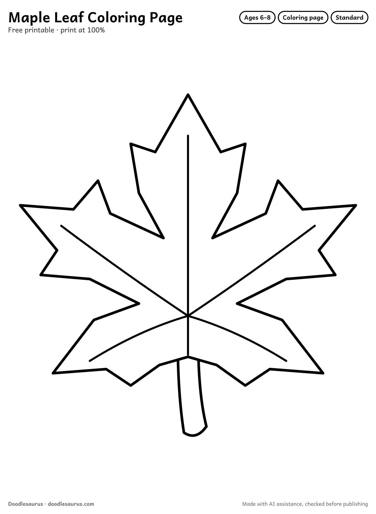Maple leaf coloring page: a leaf drawn in clean black outlines on white. Parts to color: stem.