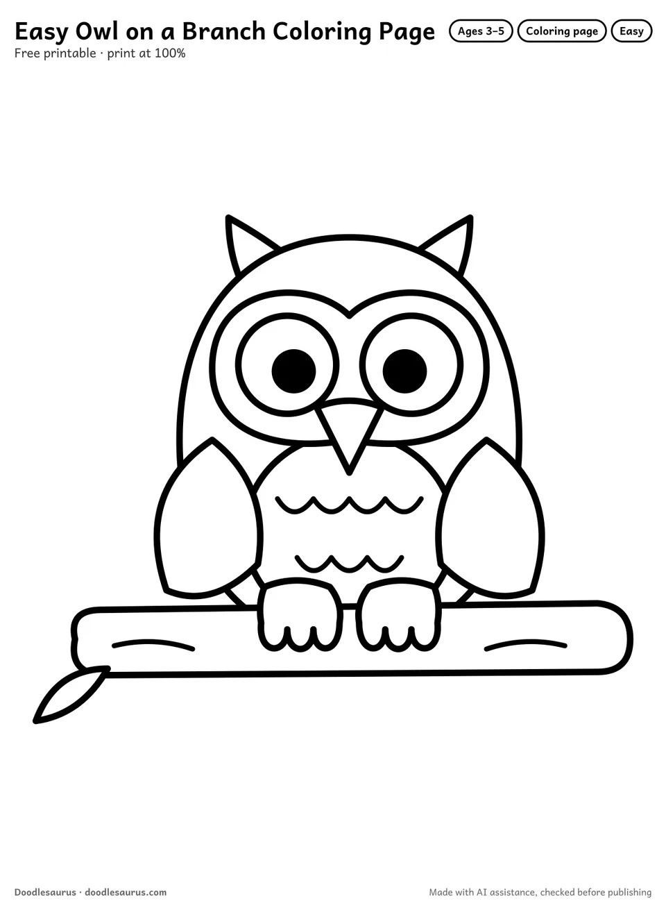 Owl on a branch coloring page: an owl drawn in thick, bold black outlines on white. Parts to color: body, face mask, chest feathers, branch, wings and eyes.