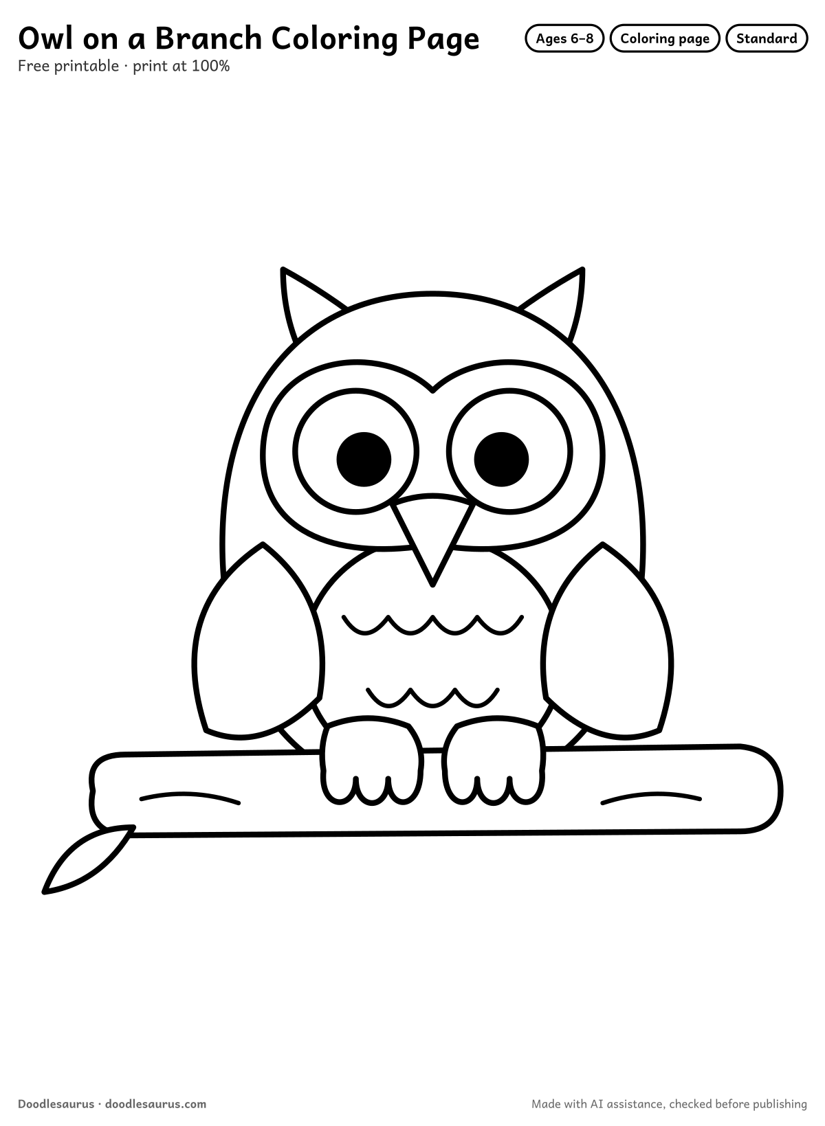 Owl on a branch coloring page: an owl drawn in clean black outlines on white. Parts to color: body, face mask, chest feathers, branch, wings and eyes.