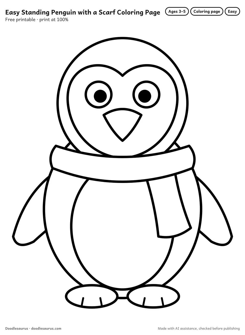 Standing penguin with a scarf coloring page: a penguin drawn in thick, bold black outlines on white. Parts to color: white belly and white face.