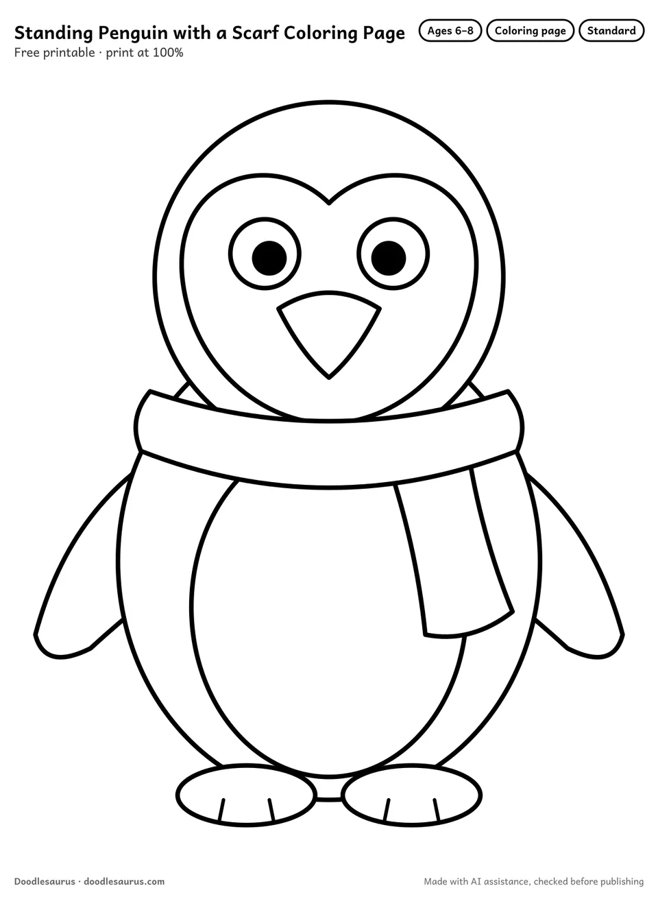 Standing penguin with a scarf coloring page: a penguin drawn in clean black outlines on white. Parts to color: white belly, white face, scarf and scarf end.