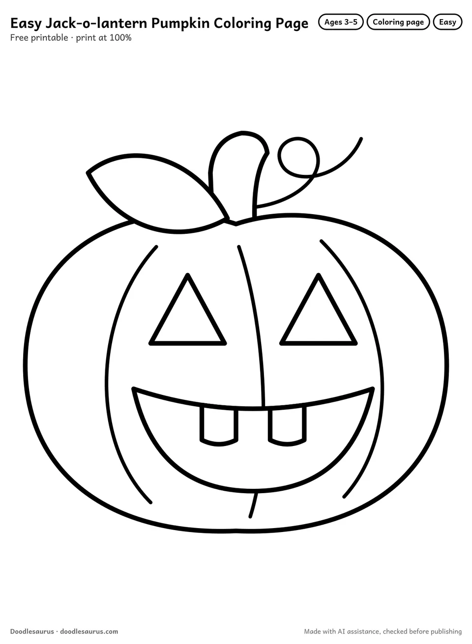 Jack-o-lantern pumpkin coloring page: a pumpkin drawn in thick, bold black outlines on white. Parts to color: smiling mouth, leaf, eyes, stem and teeth.