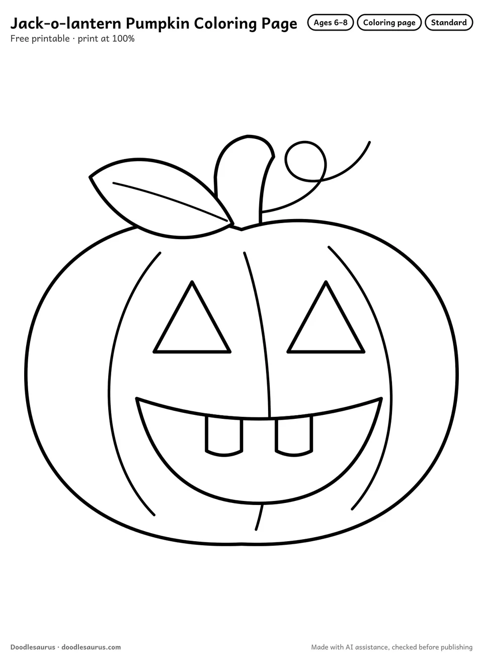 Jack-o-lantern pumpkin coloring page: a pumpkin drawn in clean black outlines on white. Parts to color: smiling mouth, leaf, eyes, stem and teeth.