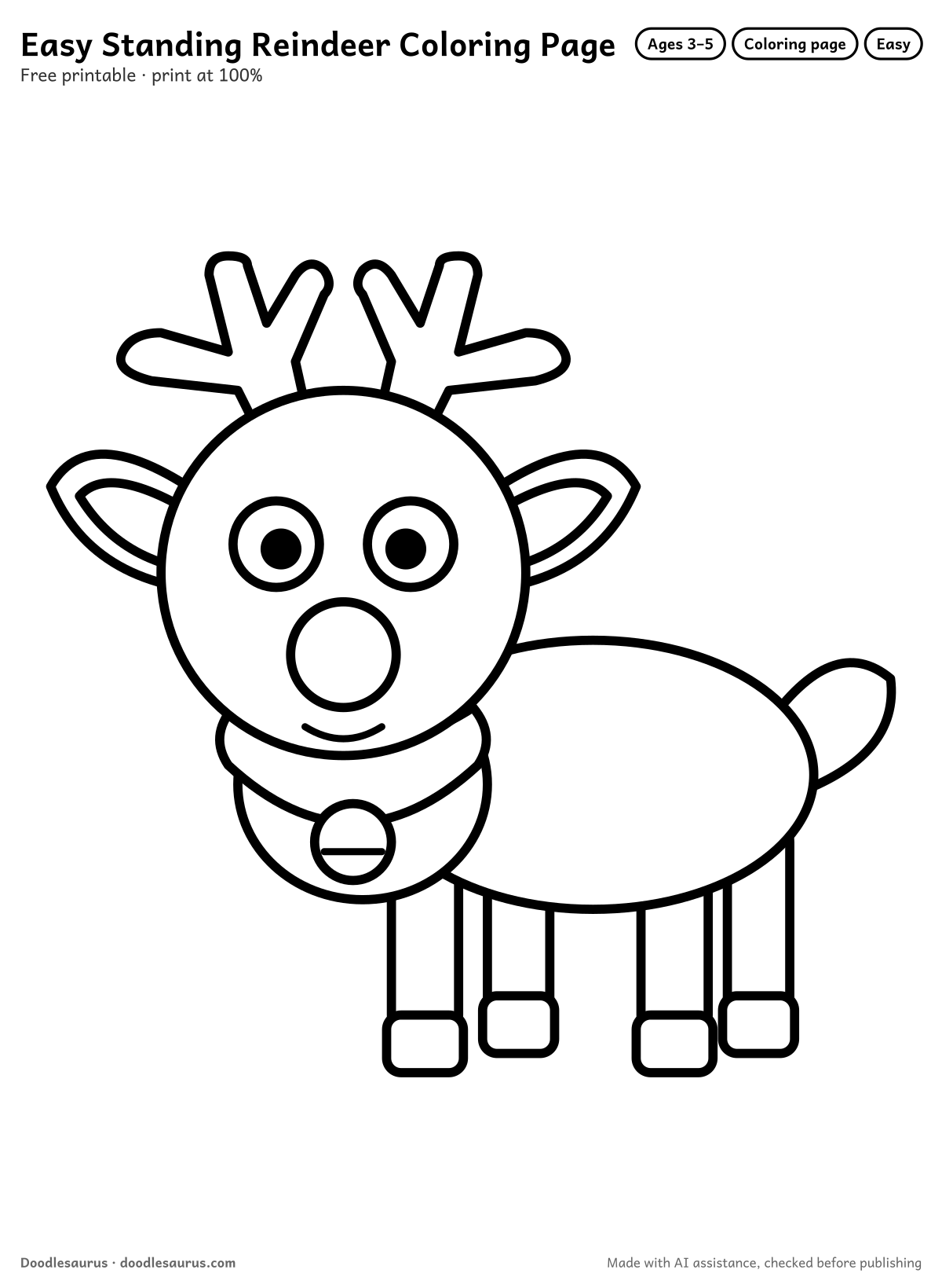 Standing reindeer coloring page: a reindeer drawn in thick, bold black outlines on white. Parts to color: head, body, antlers, legs, chest and ears.