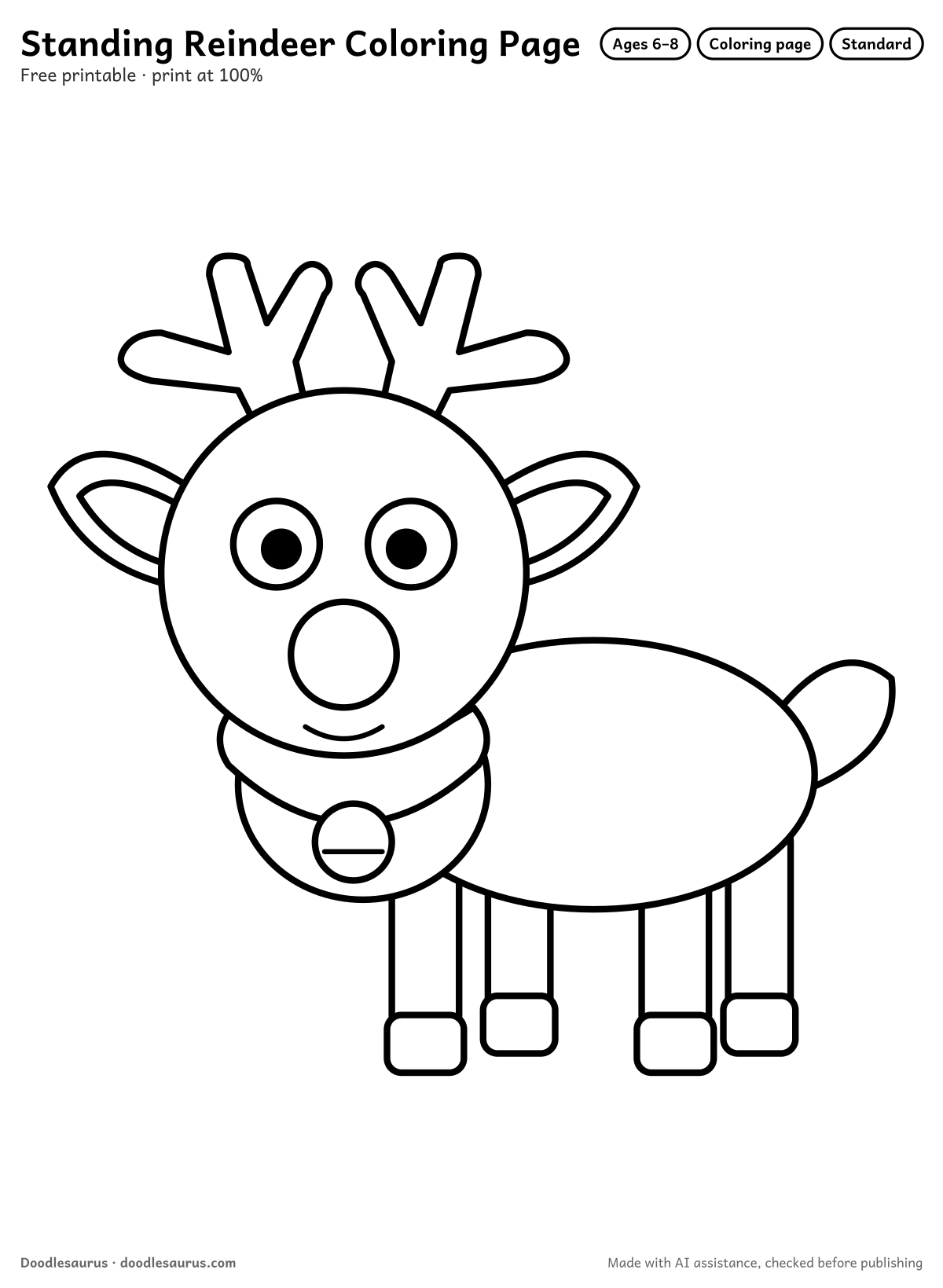 Standing reindeer coloring page: a reindeer drawn in clean black outlines on white. Parts to color: head, body, antlers, legs, chest and ears.