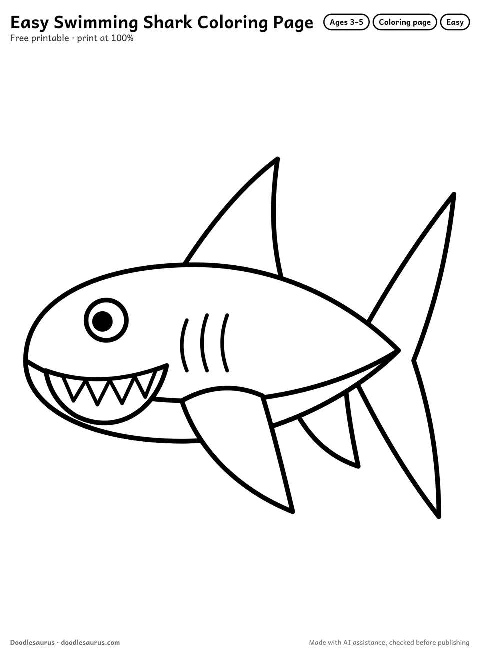 Swimming shark coloring page: a shark drawn in thick, bold black outlines on white. Parts to color: body, belly, crescent tail and big fin.