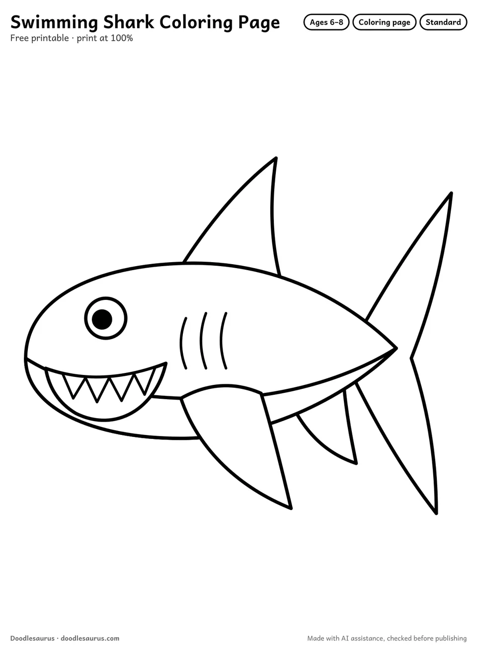Swimming shark coloring page: a shark drawn in clean black outlines on white. Parts to color: body, belly, crescent tail, big fin, side fin and smiling mouth.