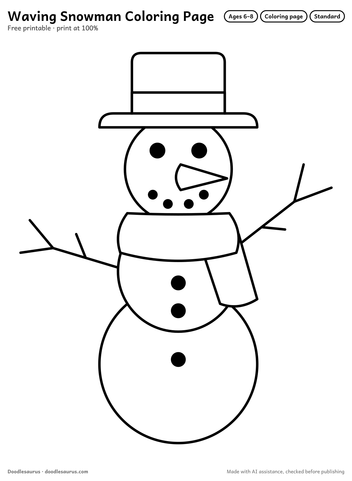 Waving snowman coloring page: a snowman drawn in clean black outlines on white. Parts to color: snowballs and head.