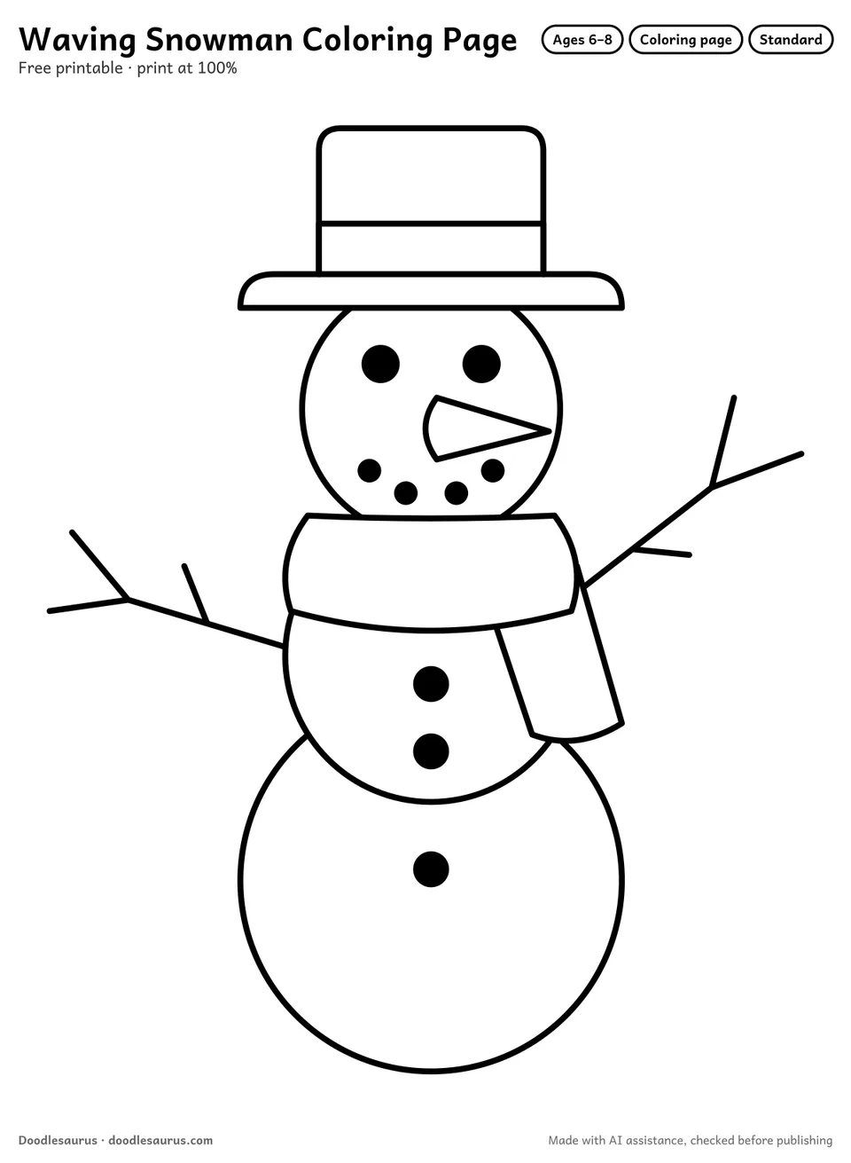 Waving snowman coloring page: a snowman drawn in clean black outlines on white. Parts to color: snowballs and head.