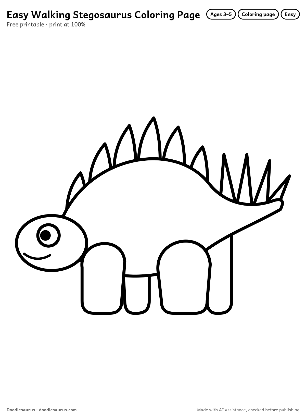 Walking stegosaurus coloring page: a stegosaurus drawn in thick, bold black outlines on white. Parts to color: body, tail, legs, plates and tail spikes.