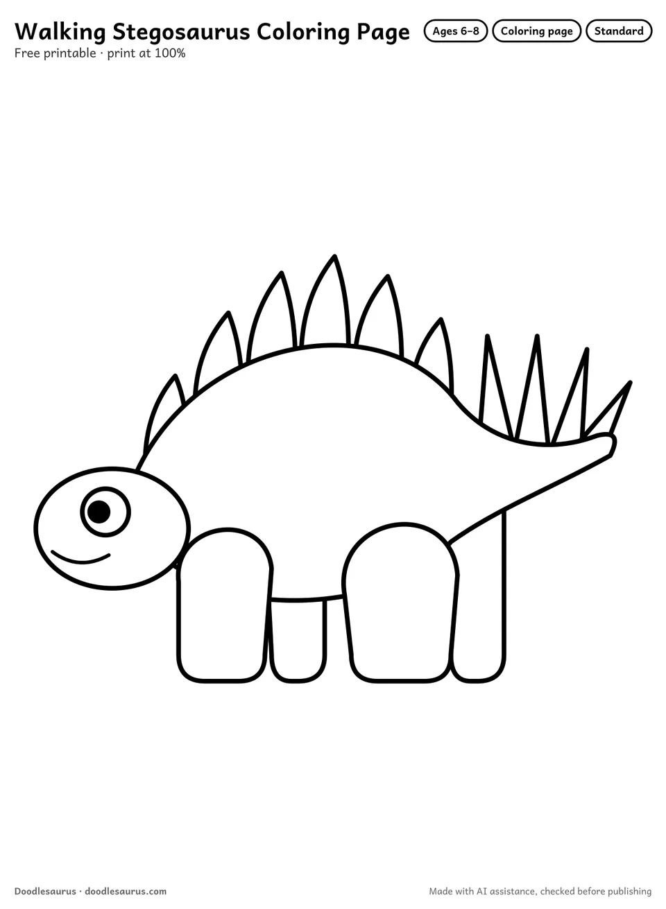 Walking stegosaurus coloring page: a stegosaurus drawn in clean black outlines on white. Parts to color: body, tail, legs, plates, tail spikes, head and eye.