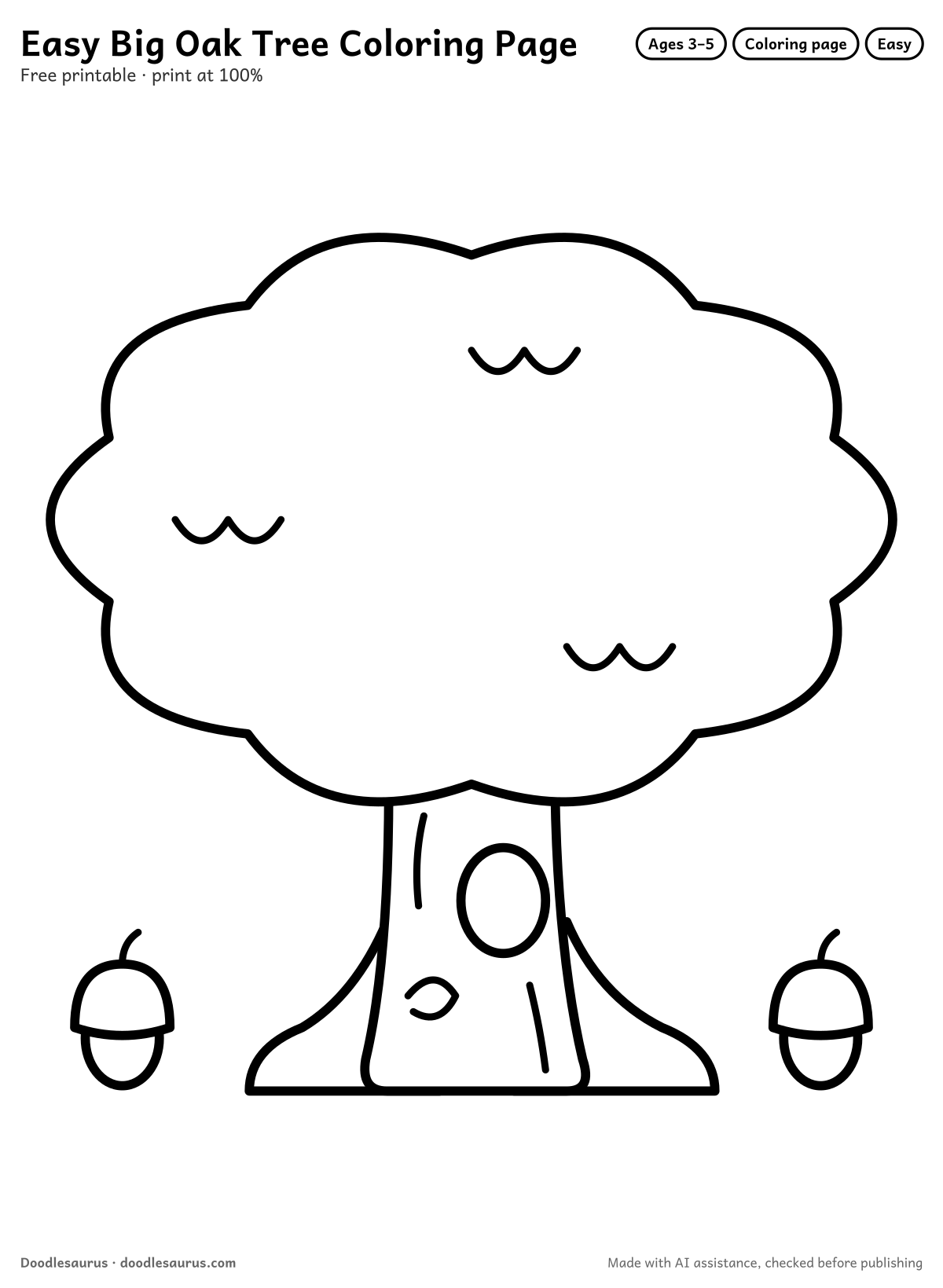 Big oak tree coloring page: a tree drawn in thick, bold black outlines on white. Parts to color: bumpy treetop, trunk, roots, acorns and acorn caps.