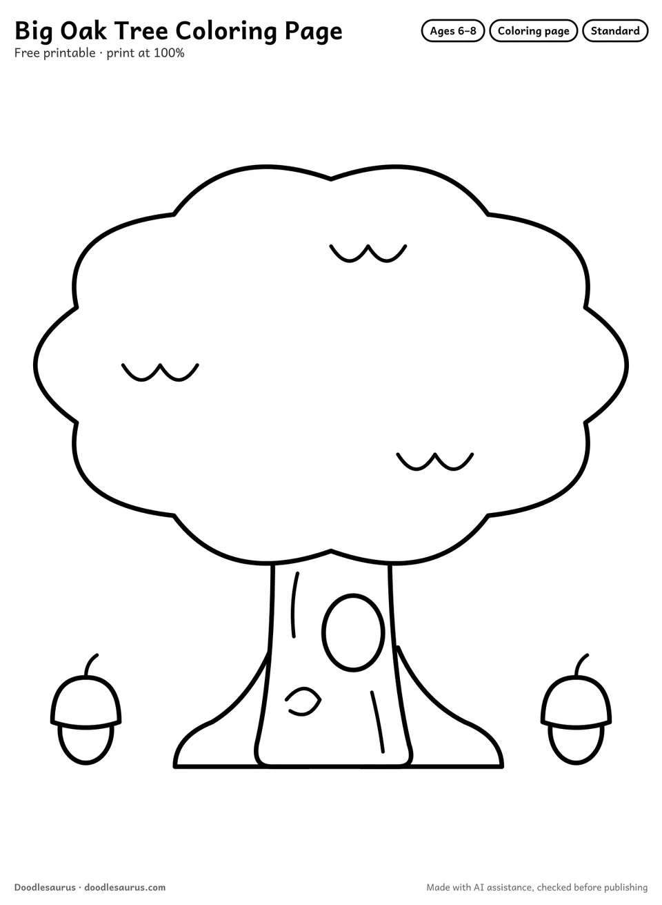 Big oak tree coloring page: a tree drawn in clean black outlines on white. Parts to color: bumpy treetop, trunk, roots, acorns and acorn caps.