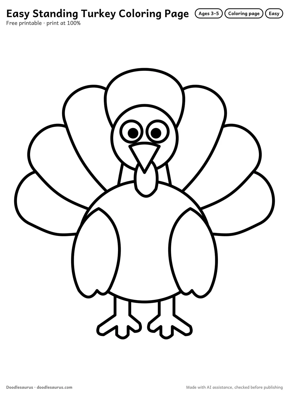 Standing turkey coloring page: a turkey drawn in thick, bold black outlines on white. Parts to color: tail feathers, body, wings, legs, feet, head and neck.