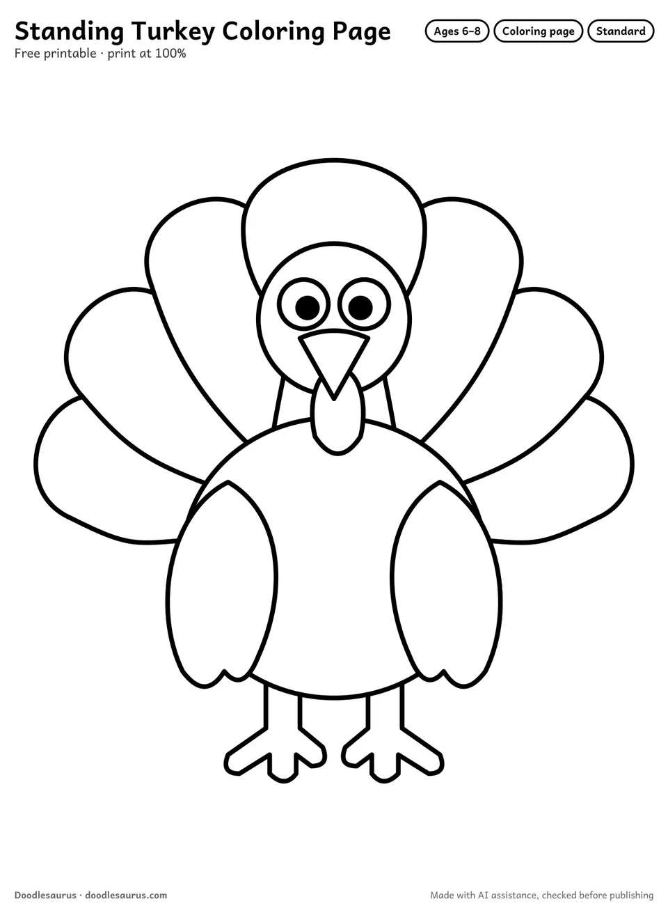 Standing turkey coloring page: a turkey drawn in clean black outlines on white. Parts to color: tail feathers, body, wings, legs, feet, head and neck.
