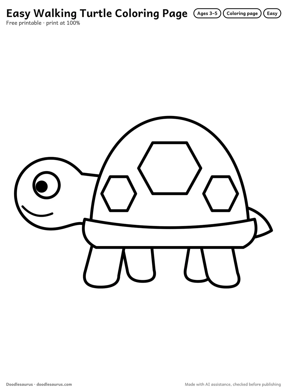 Walking turtle coloring page: a turtle drawn in thick, bold black outlines on white. Parts to color: shell, legs, head, neck and shell plates.
