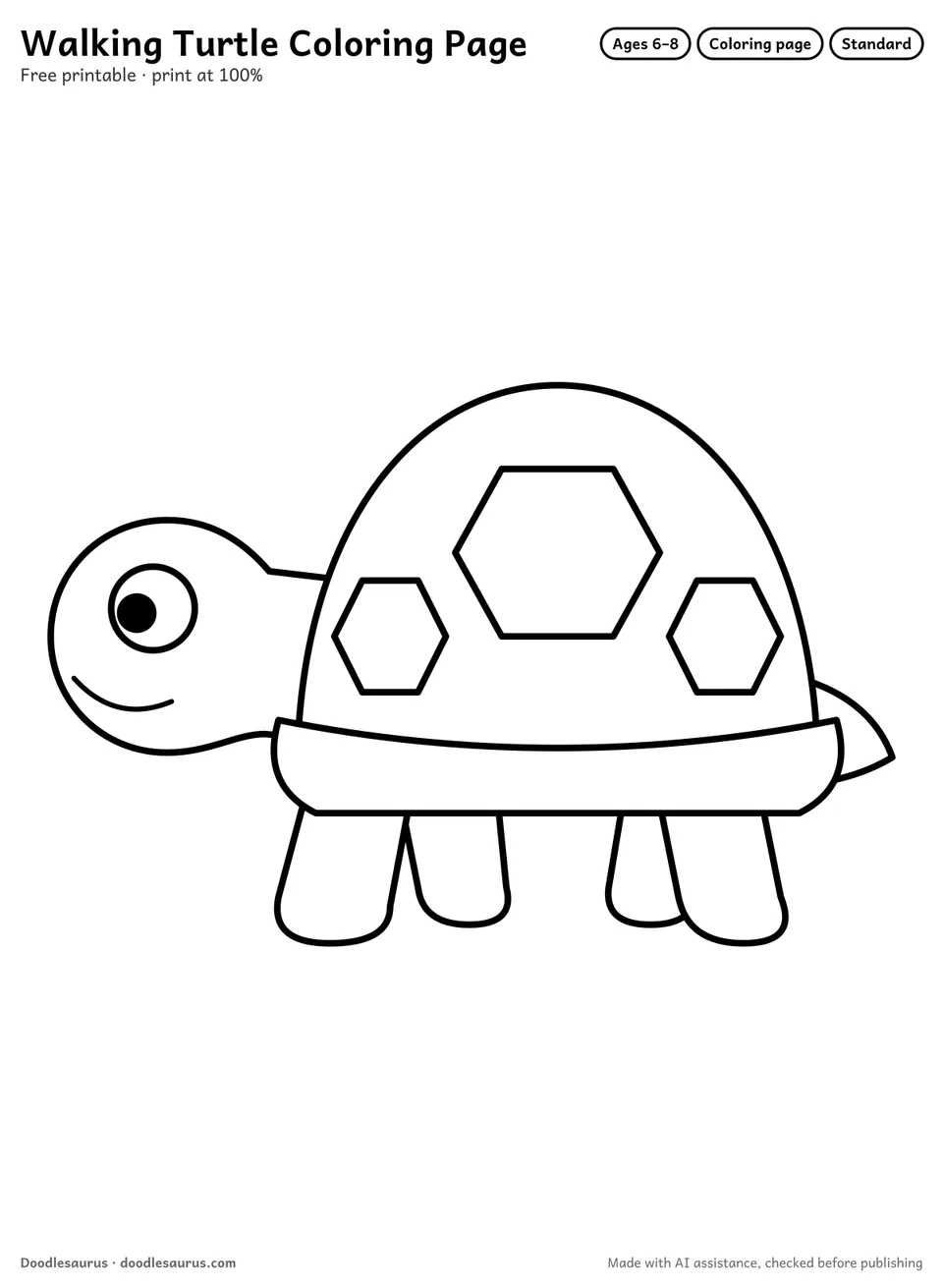 Walking turtle coloring page: a turtle drawn in clean black outlines on white. Parts to color: shell, legs, head, neck and shell plates.