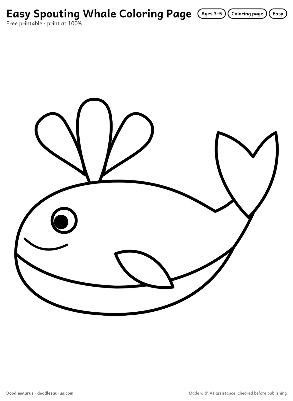 Spouting whale coloring page: a whale drawn in thick, bold black outlines on white. Parts to color: body, belly, spout drops, tail fluke, flipper and eye.