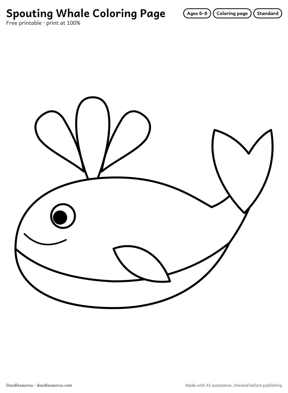 Spouting whale coloring page: a whale drawn in clean black outlines on white. Parts to color: body, belly, spout drops, tail fluke, flipper and eye.