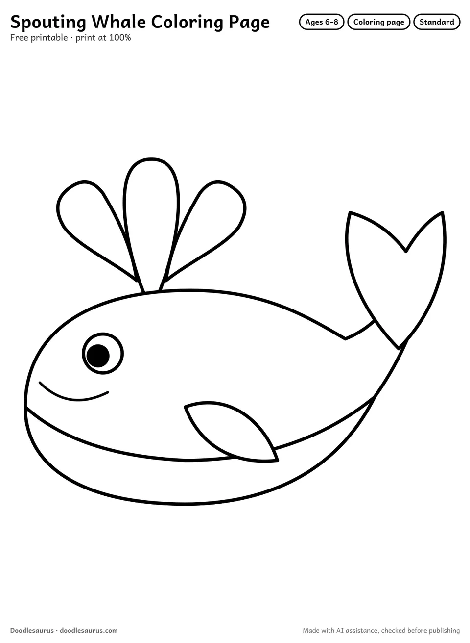 Spouting whale coloring page: a whale drawn in clean black outlines on white. Parts to color: body, belly, spout drops, tail fluke, flipper and eye.