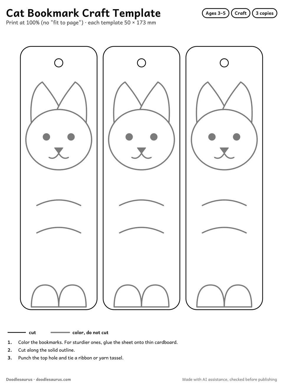 Cat Bookmark craft template: 3 copies of a printable bookmark with a hole to punch, ready to color and cut out.