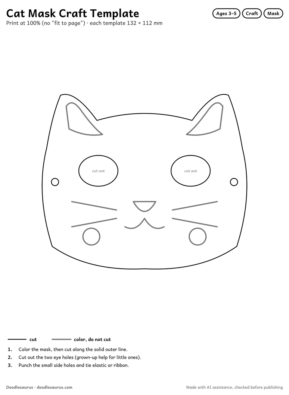 Cat Mask craft template: a printable cat mask with 2 holes to cut out and 2 holes to punch, ready to color and cut out.
