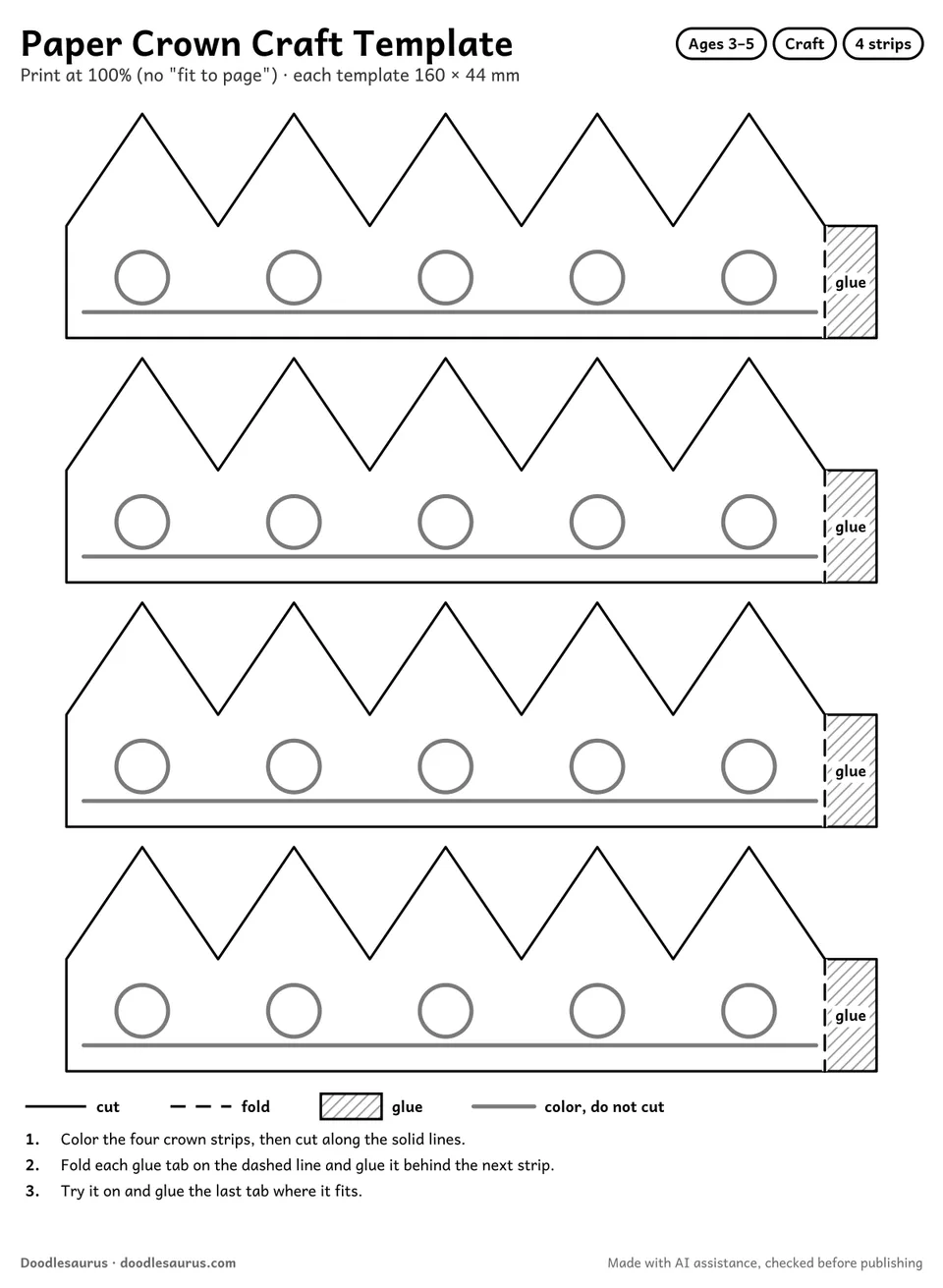 Paper Crown craft template: 4 printable crown strips with a glue tab and a fold line, ready to color, cut out and join into one crown.