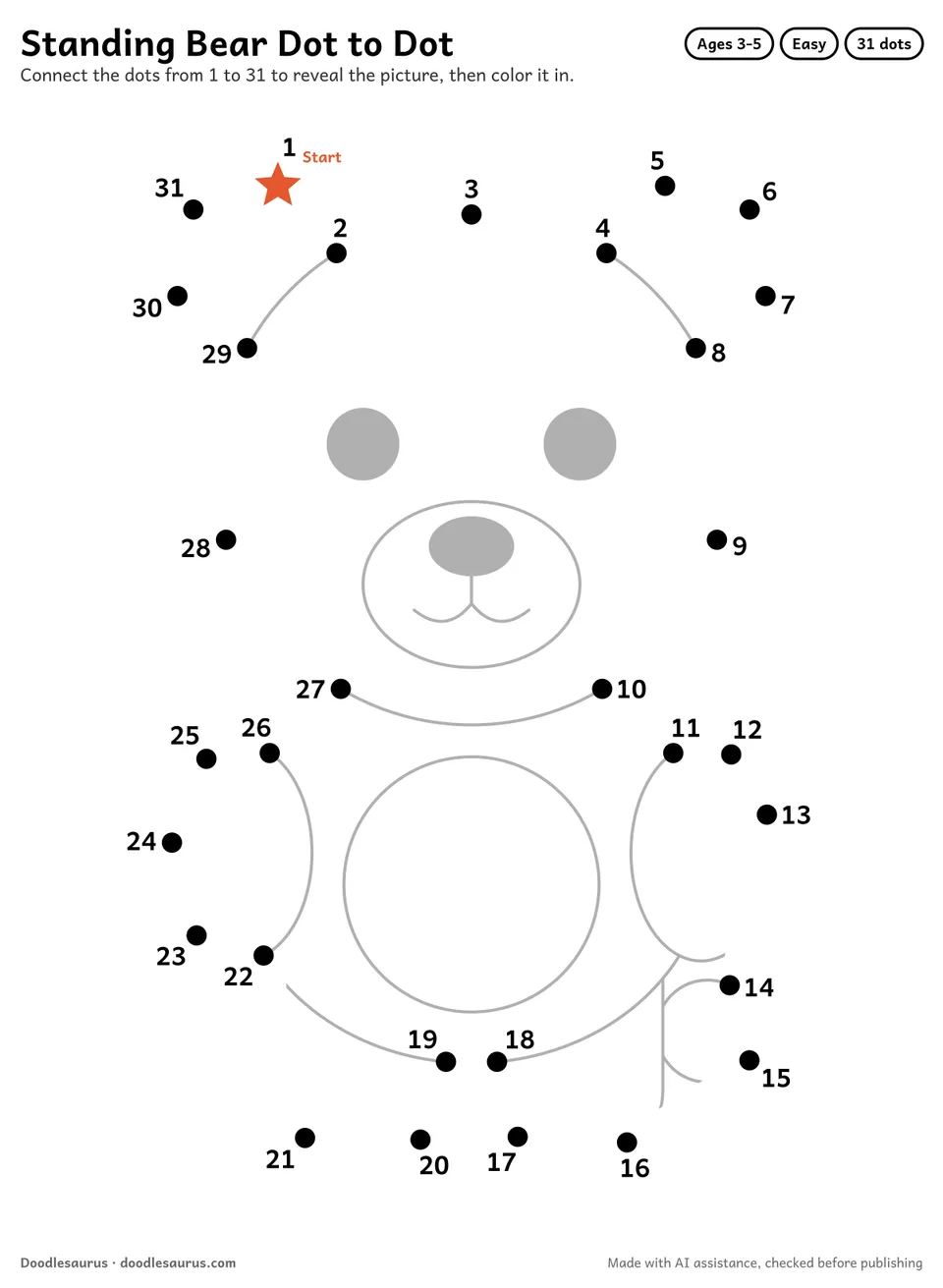 Connect-the-dots printable of a standing bear: 31 numbered dots from a starred Start dot trace its outline; answer page included.
