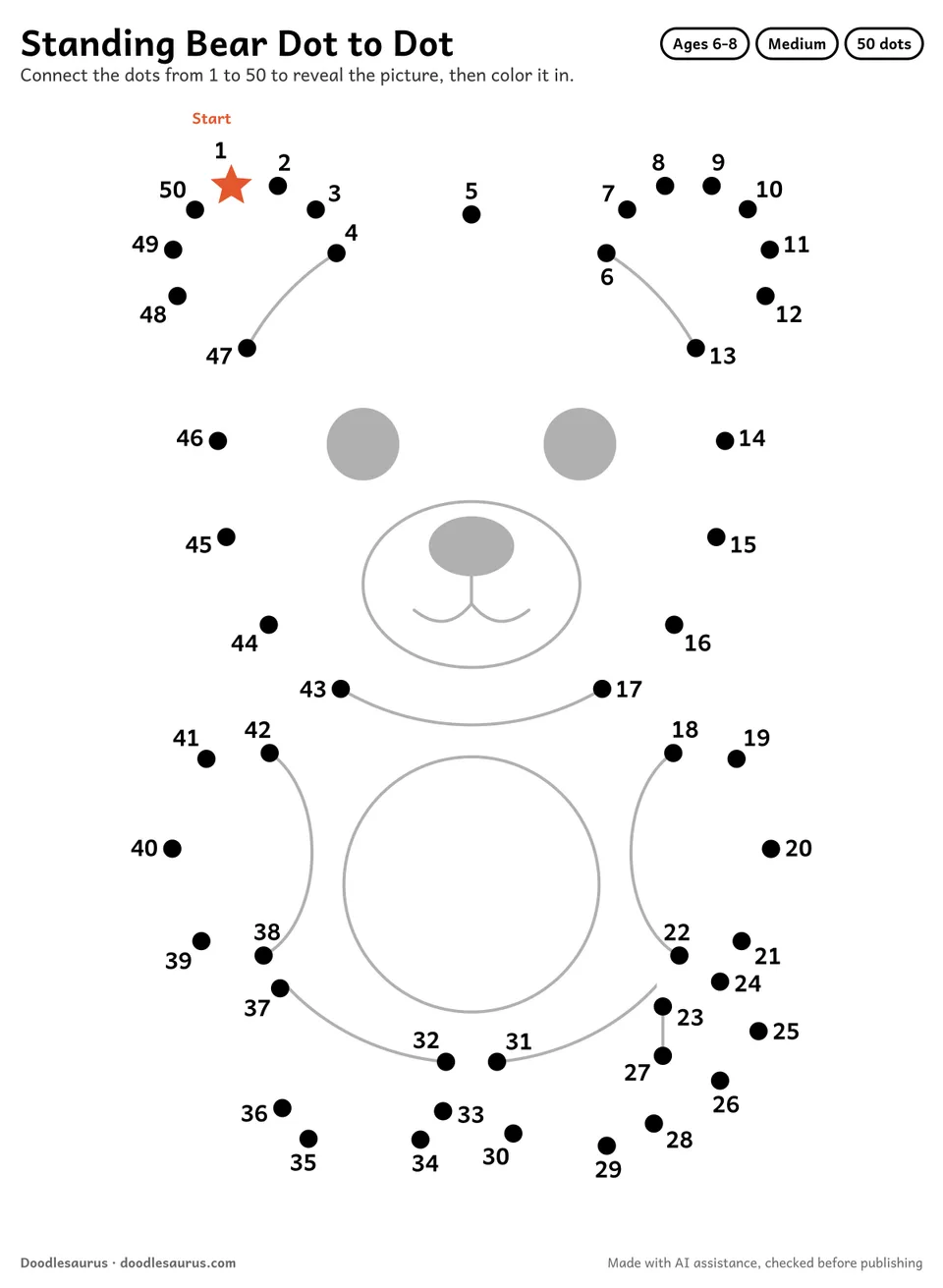 Connect-the-dots printable of a standing bear: 50 numbered dots from a starred Start dot trace its outline; answer page included.