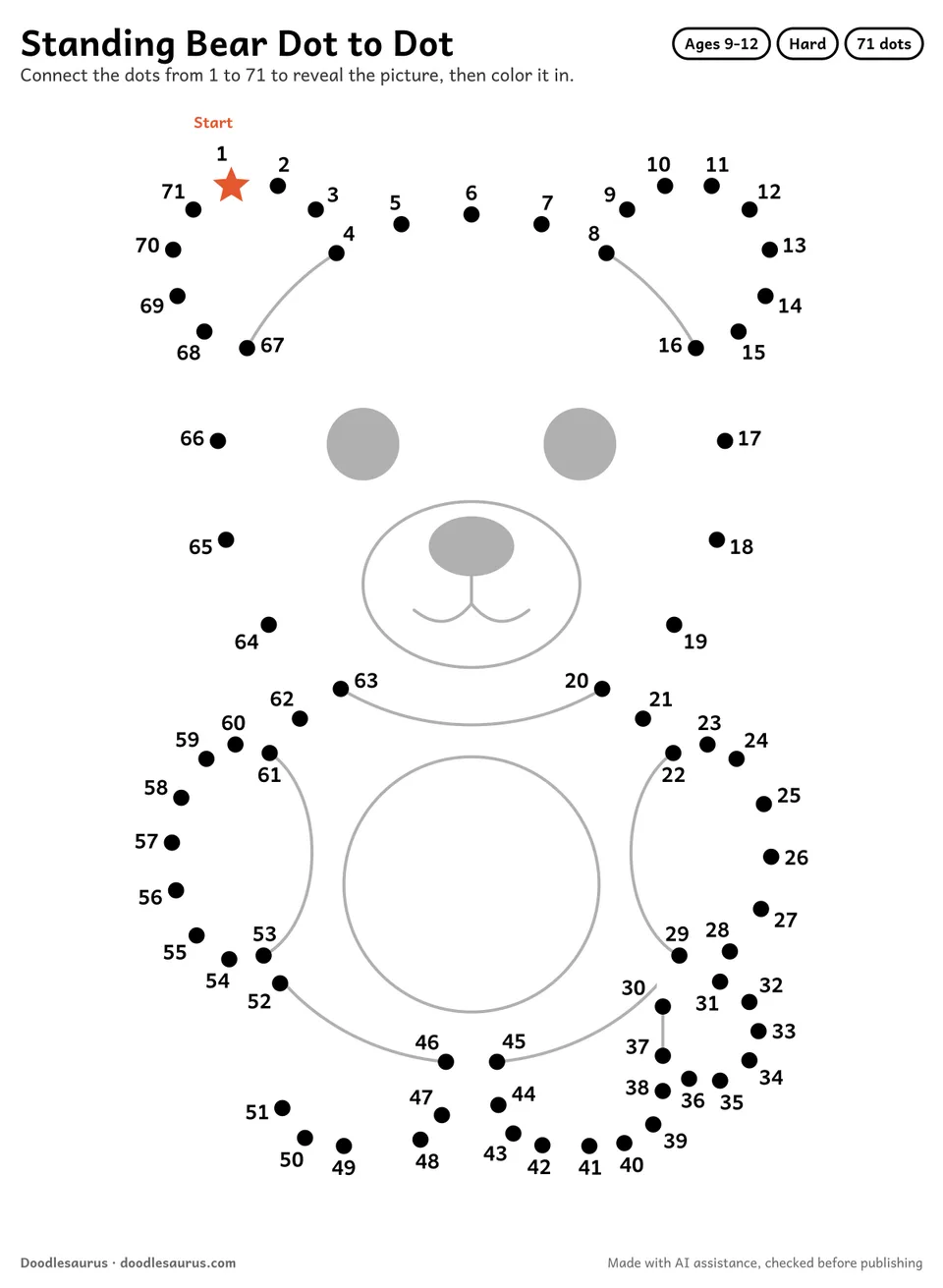 Connect-the-dots printable of a standing bear: 71 numbered dots from a starred Start dot trace its outline; answer page included.