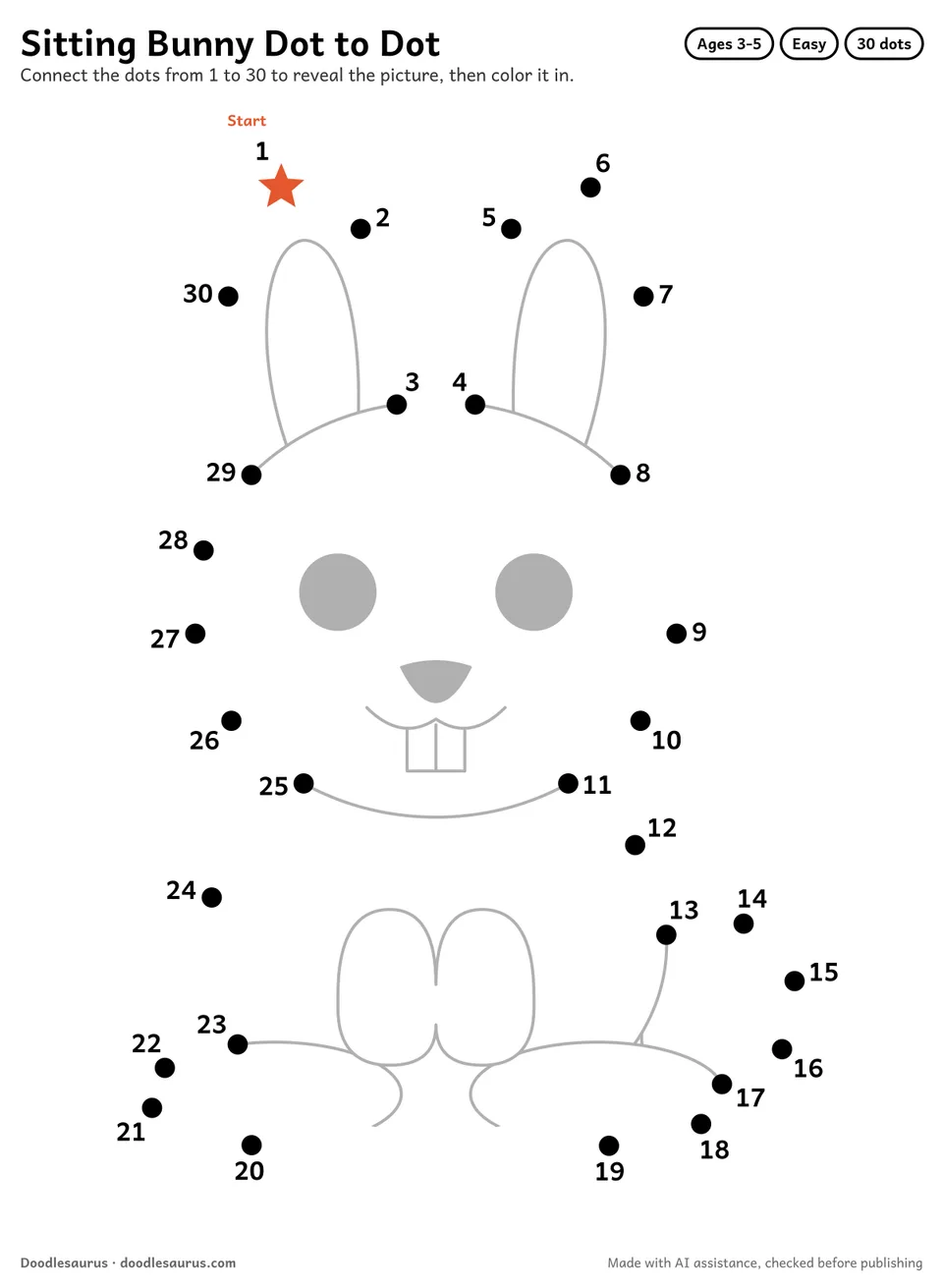 Connect-the-dots printable of a sitting bunny: 30 numbered dots from a starred Start dot trace its outline; answer page included.