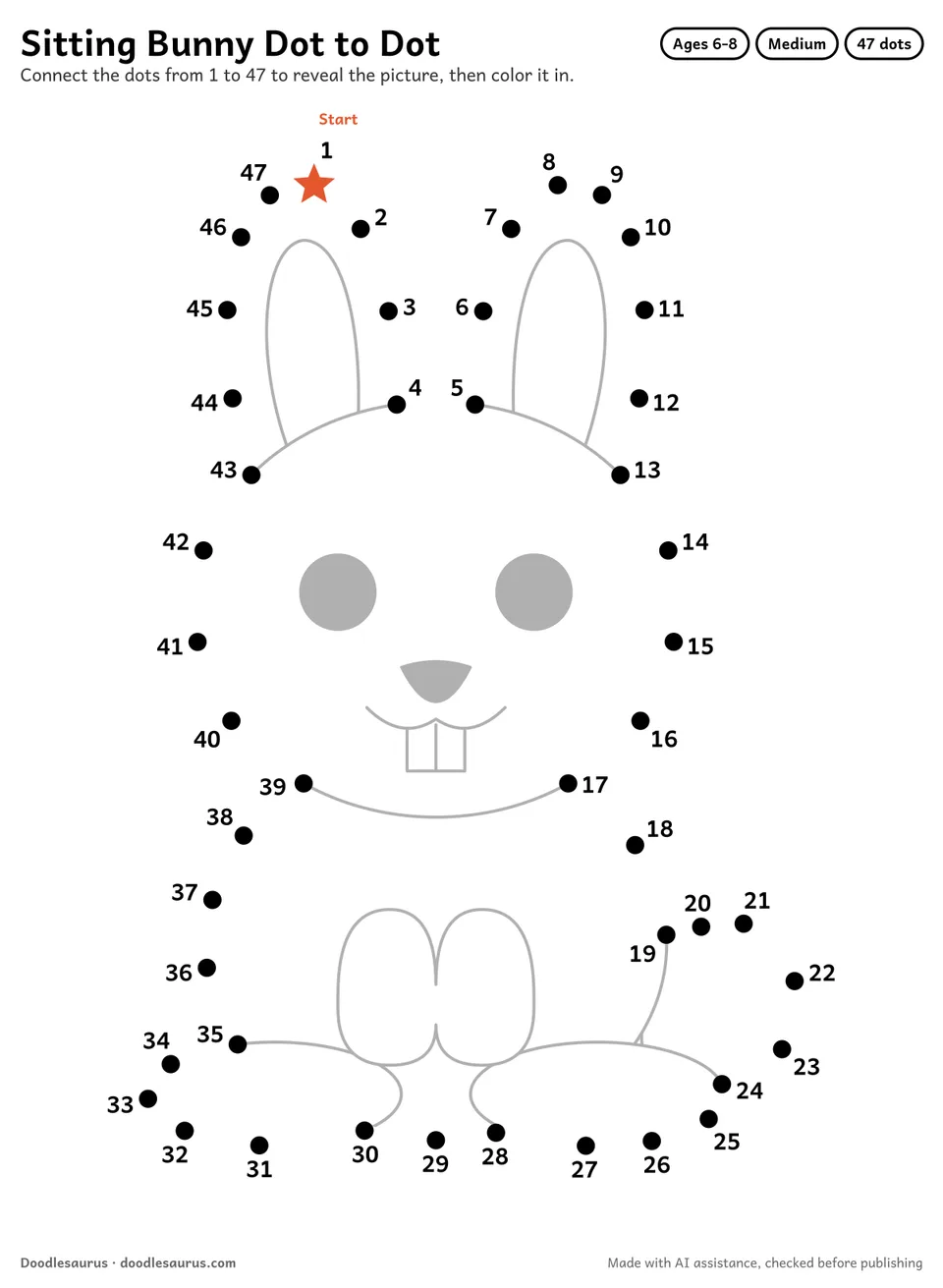Connect-the-dots printable of a sitting bunny: 47 numbered dots from a starred Start dot trace its outline; answer page included.