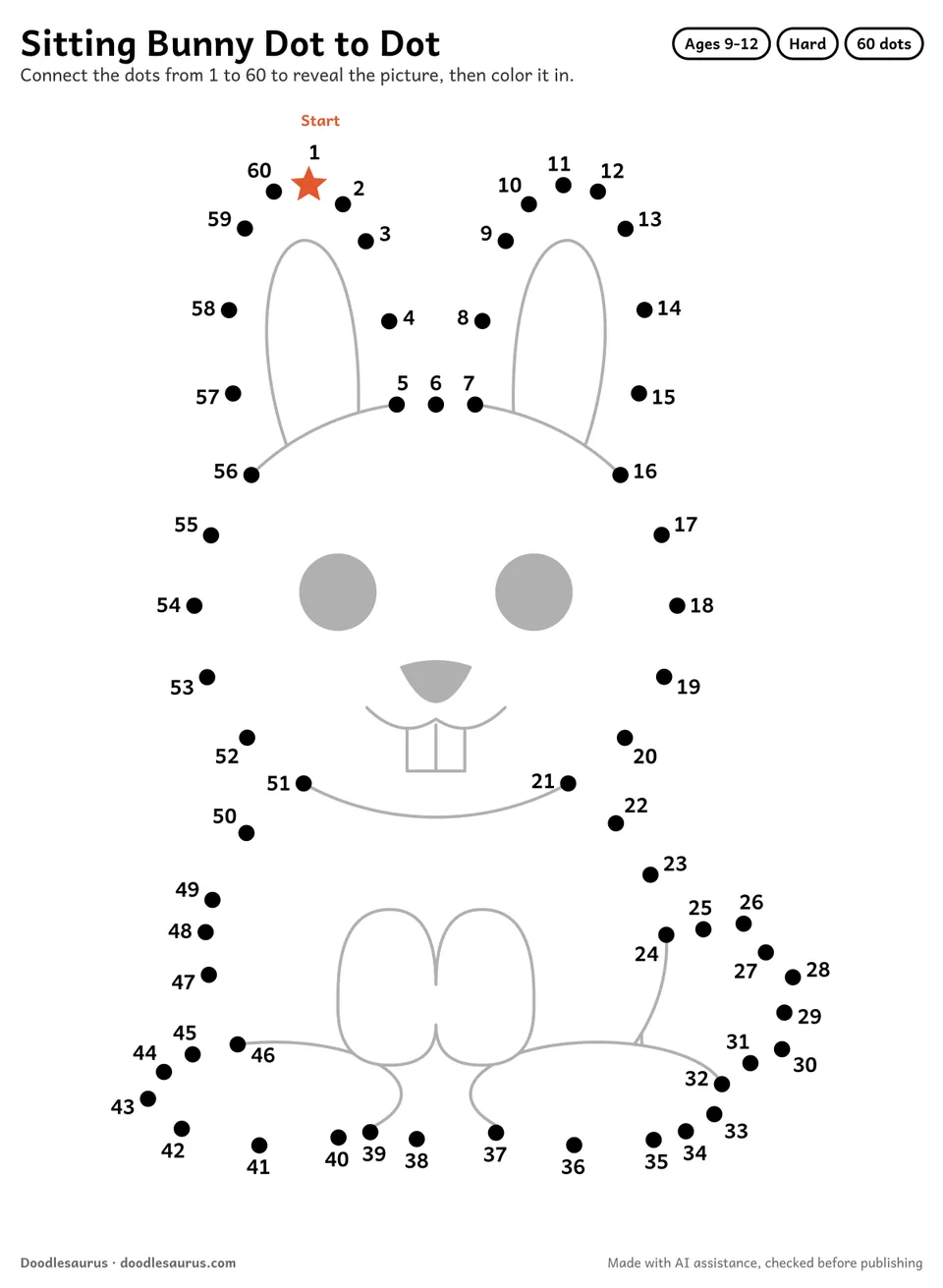 Connect-the-dots printable of a sitting bunny: 60 numbered dots from a starred Start dot trace its outline; answer page included.