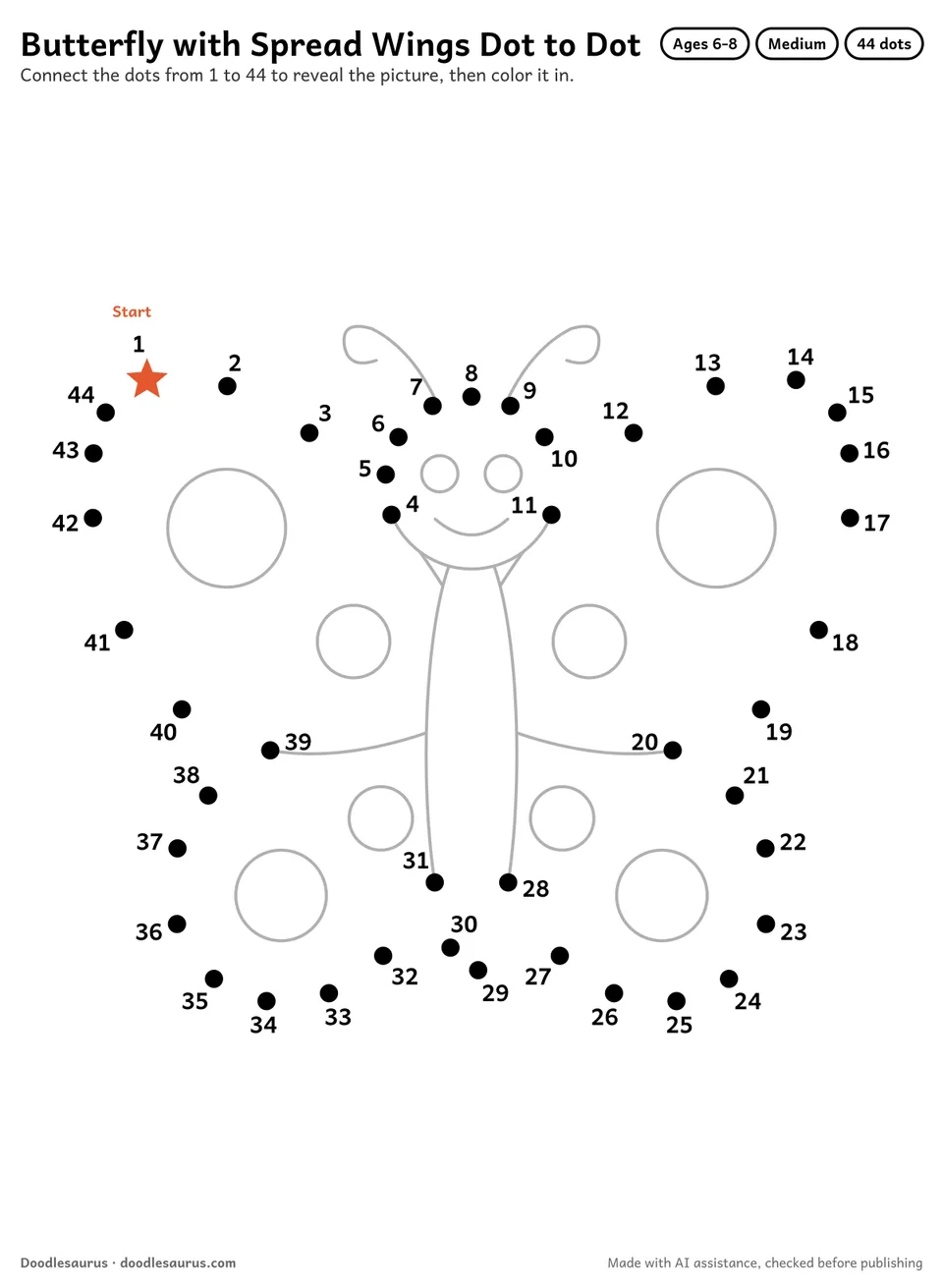 Connect-the-dots printable of a butterfly with spread wings: 44 numbered dots from a starred Start dot trace its outline; answer page included.