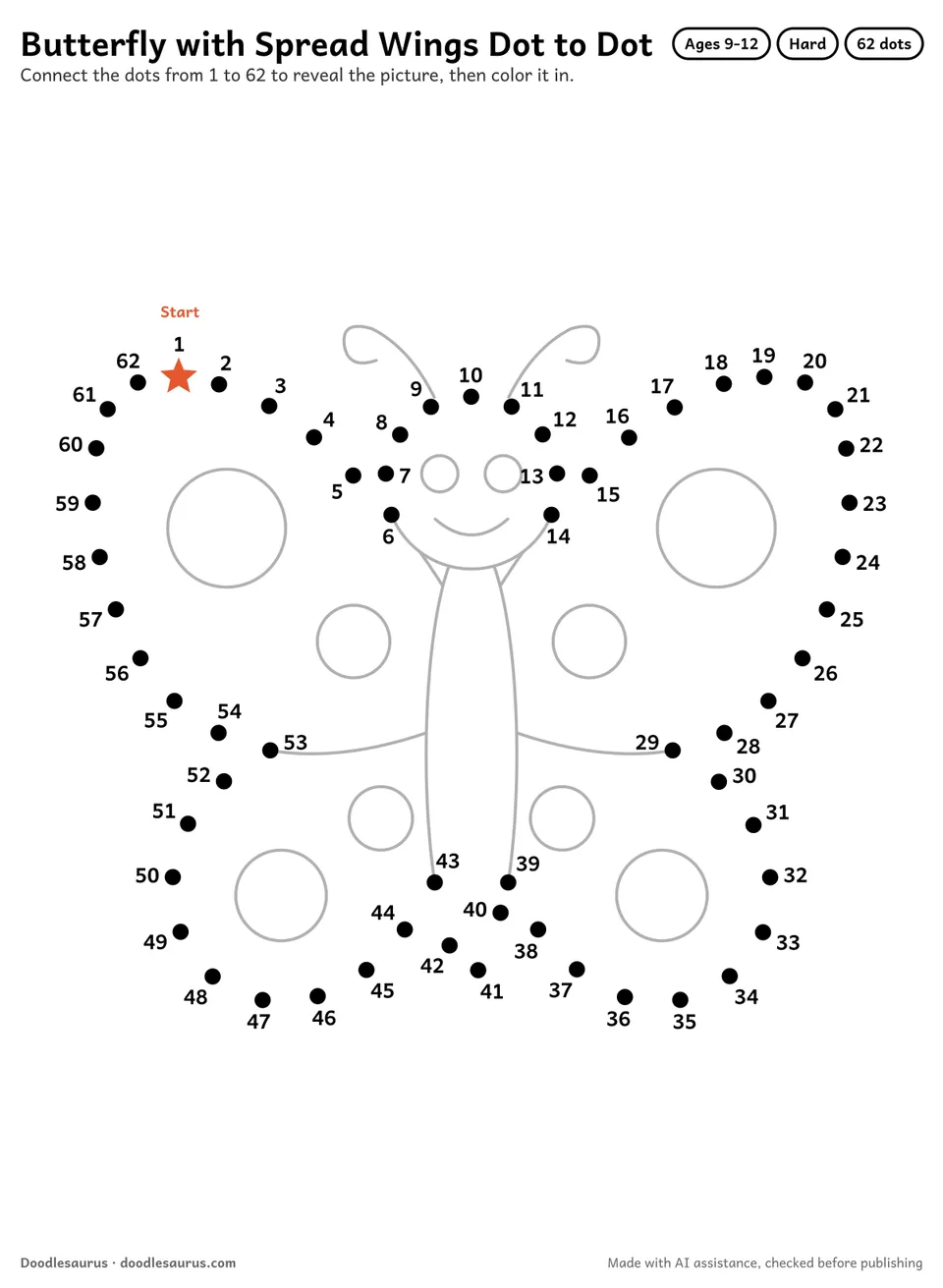 Connect-the-dots printable of a butterfly with spread wings: 62 numbered dots from a starred Start dot trace its outline; answer page included.