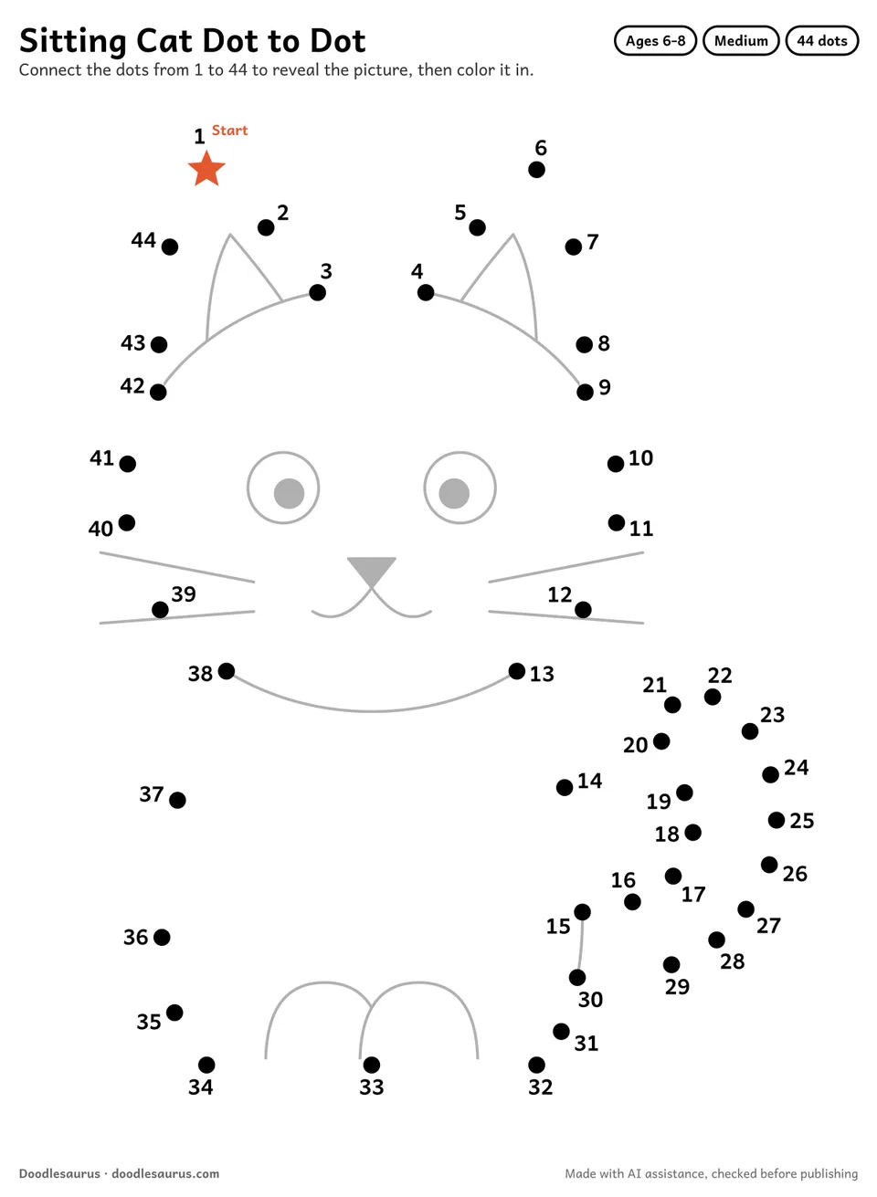 Connect-the-dots printable of a sitting cat: 44 numbered dots from a starred Start dot trace its outline; answer page included.