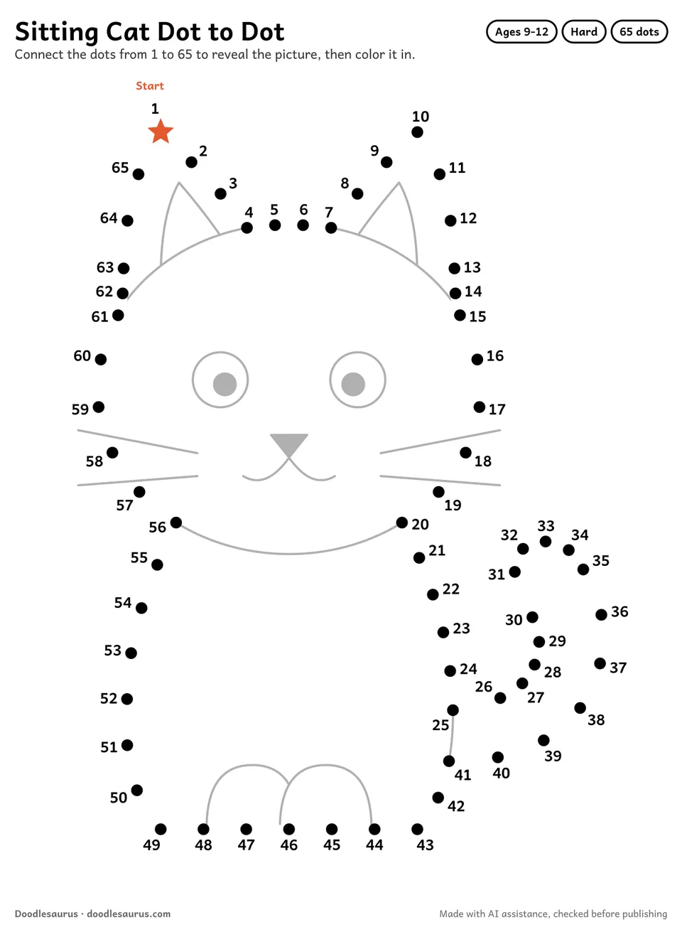 Connect-the-dots printable of a sitting cat: 65 numbered dots from a starred Start dot trace its outline; answer page included.