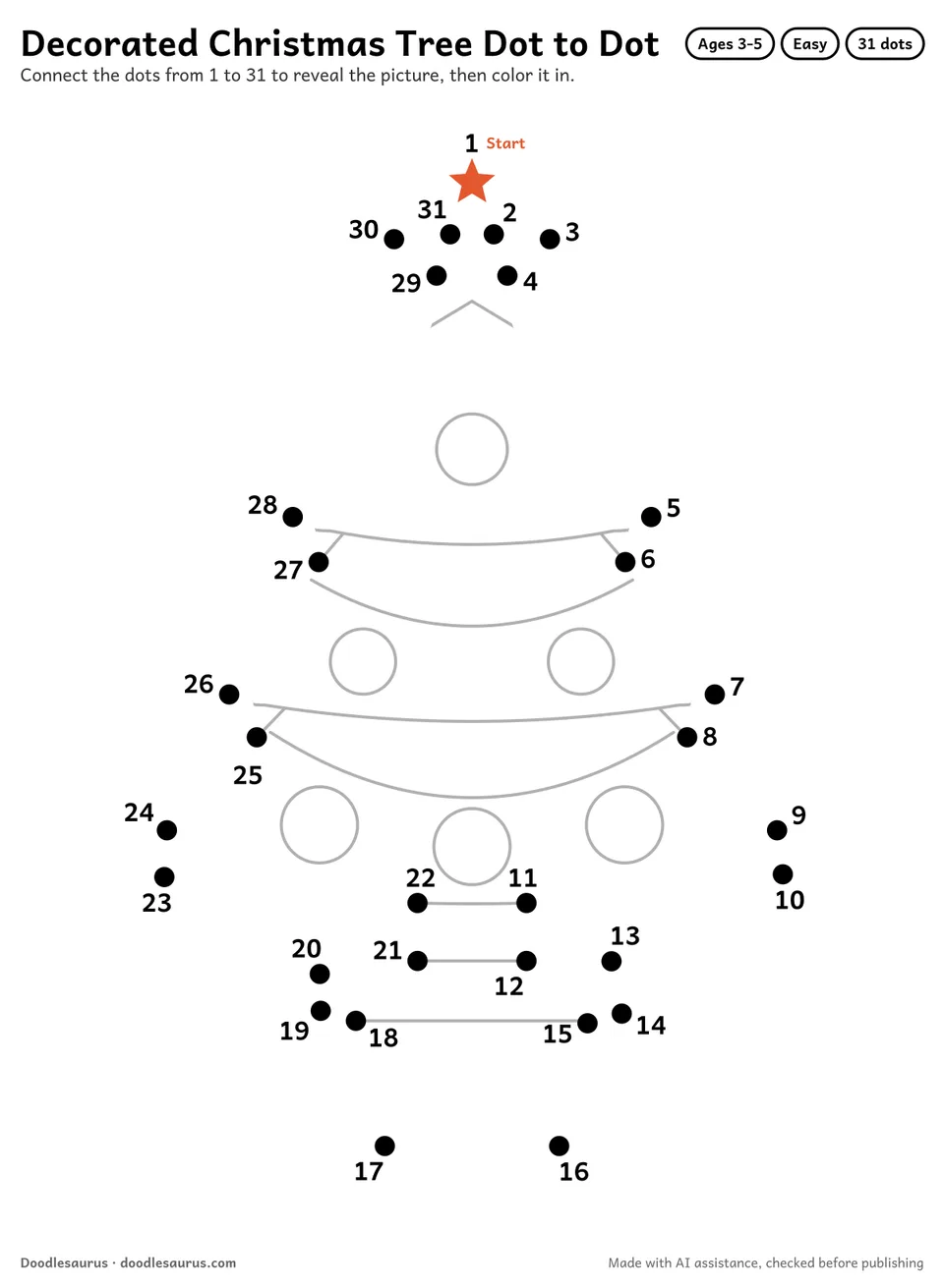 Connect-the-dots printable of a decorated Christmas tree: 31 numbered dots from a starred Start dot trace its outline; answer page included.