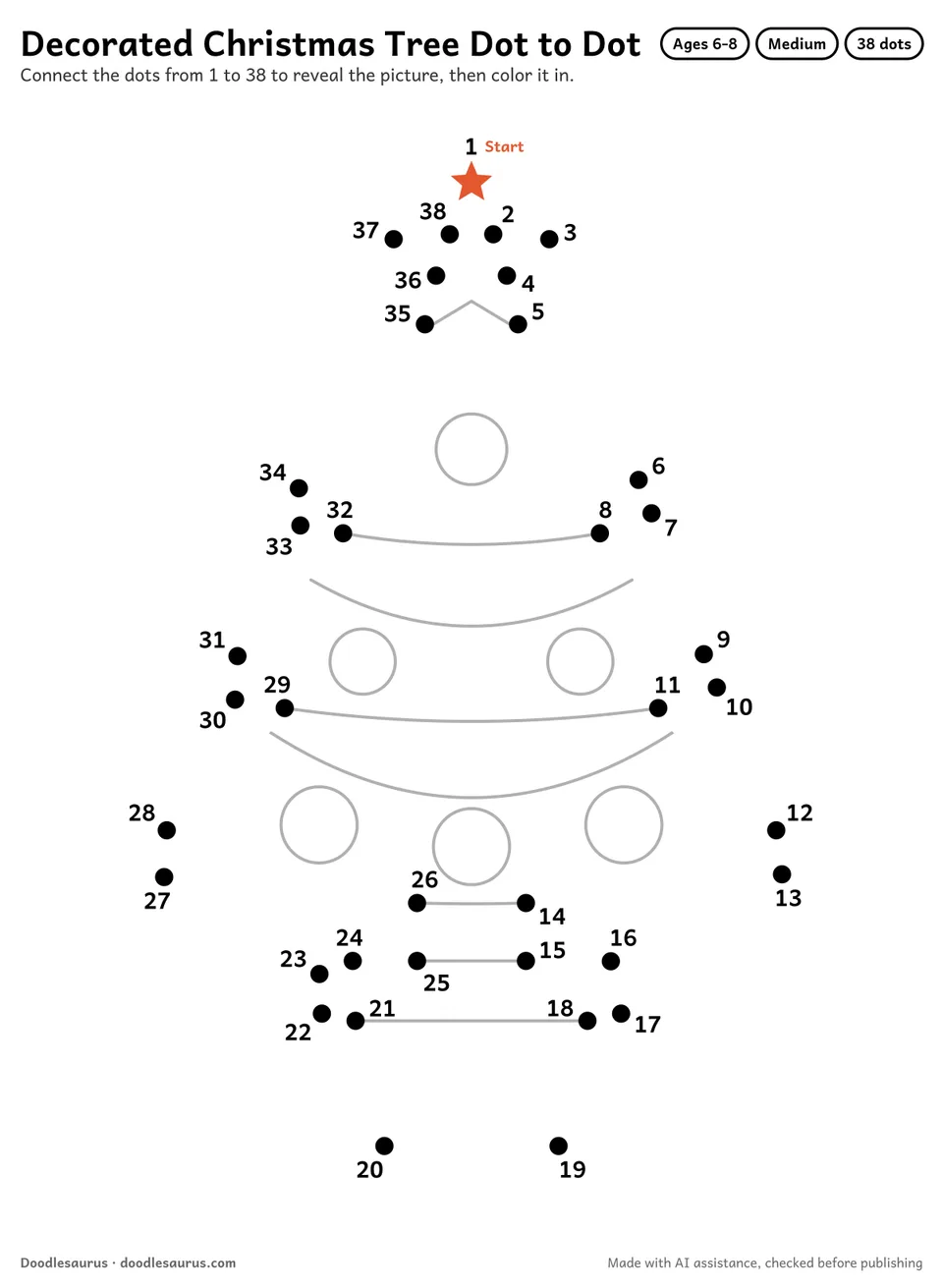 Connect-the-dots printable of a decorated Christmas tree: 38 numbered dots from a starred Start dot trace its outline; answer page included.