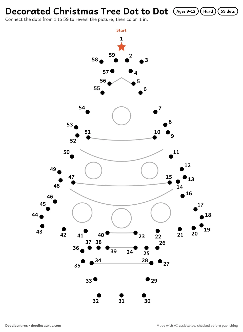 Connect-the-dots printable of a decorated Christmas tree: 59 numbered dots from a starred Start dot trace its outline; answer page included.